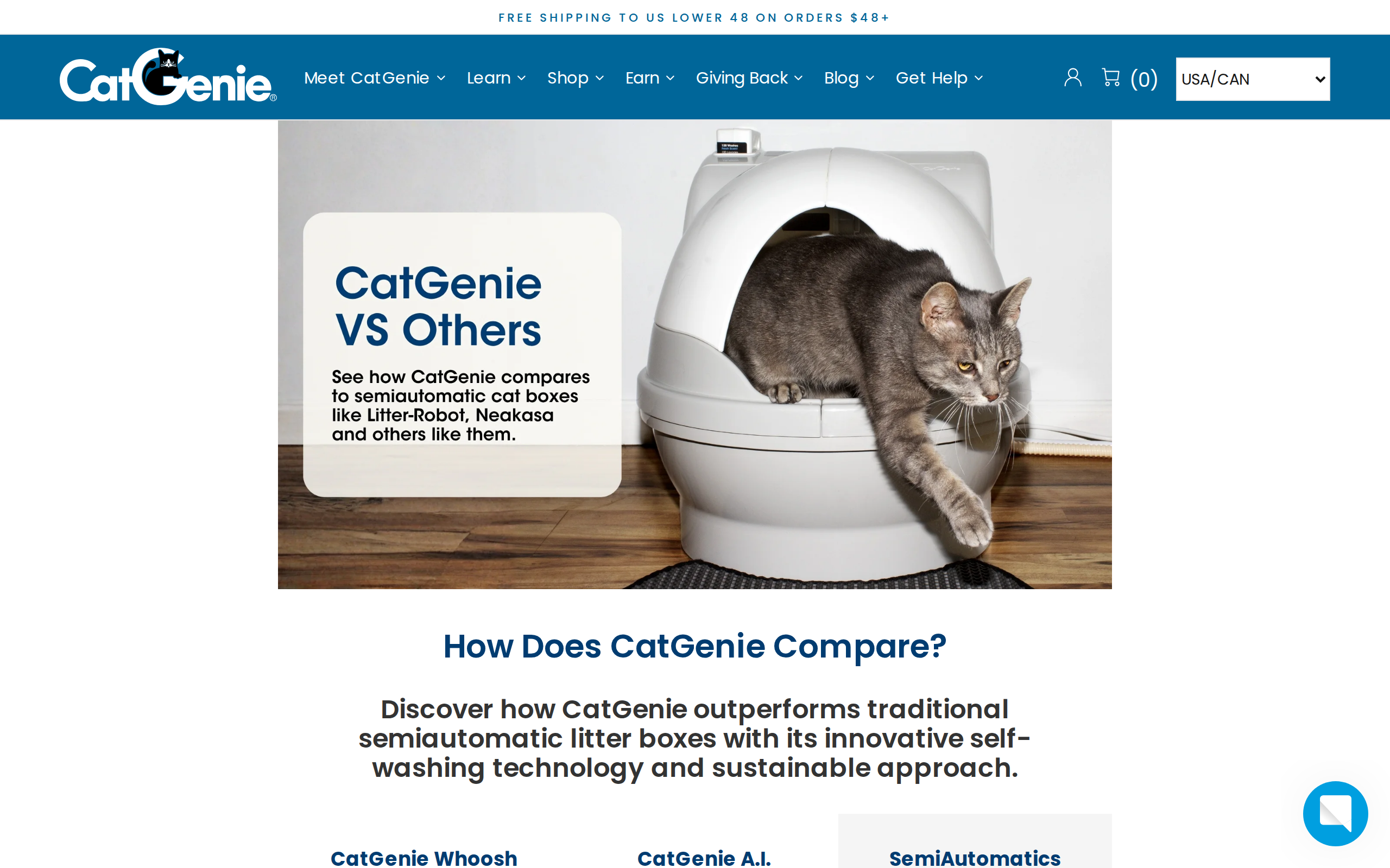 CatGenie comparison page with the banner CatGenie vs Others against semiautomatic boxes