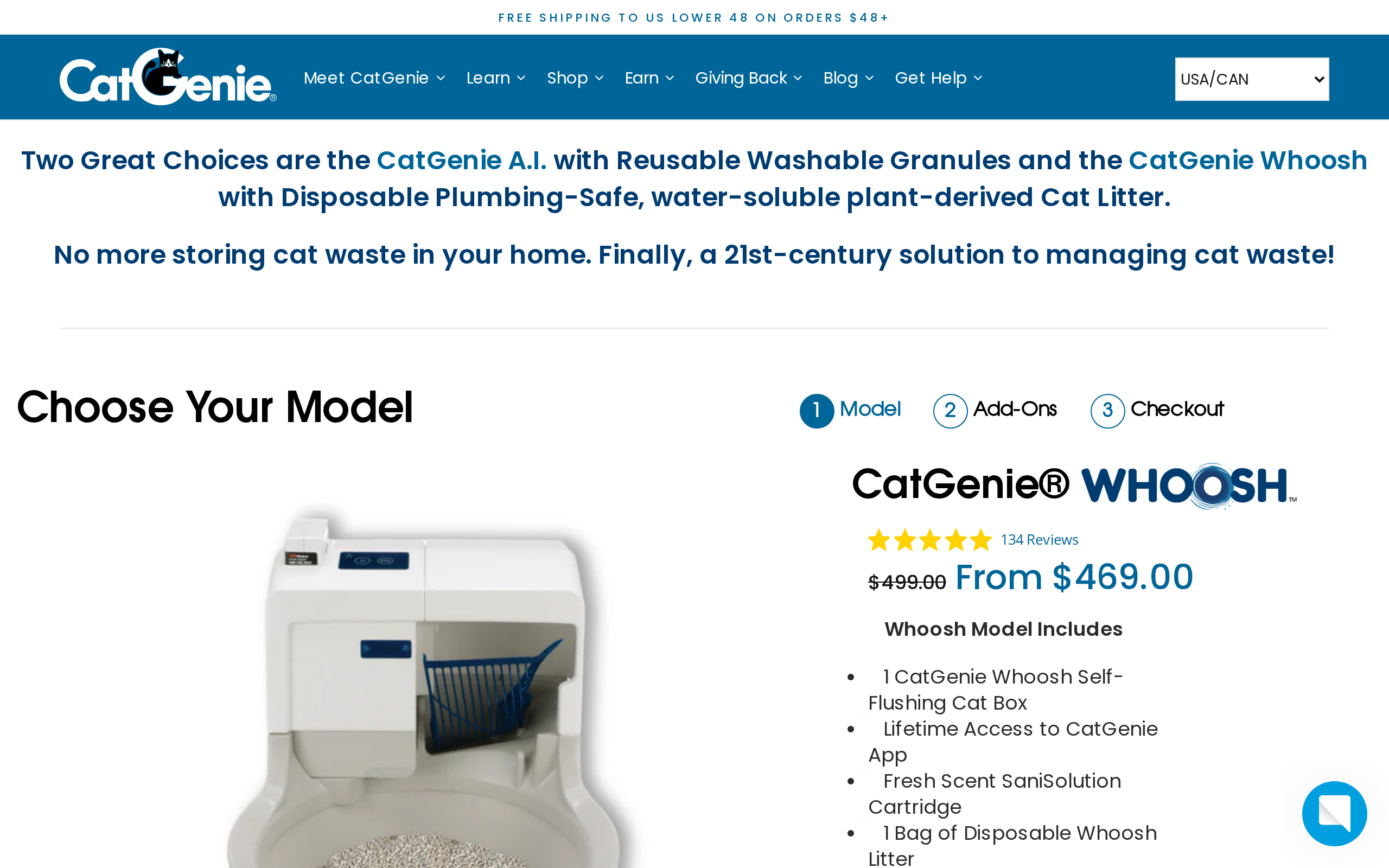 CatGenie product page offering the CatGenie A.I. and the CatGenie Whoosh self-flushing cat box with prices from $469