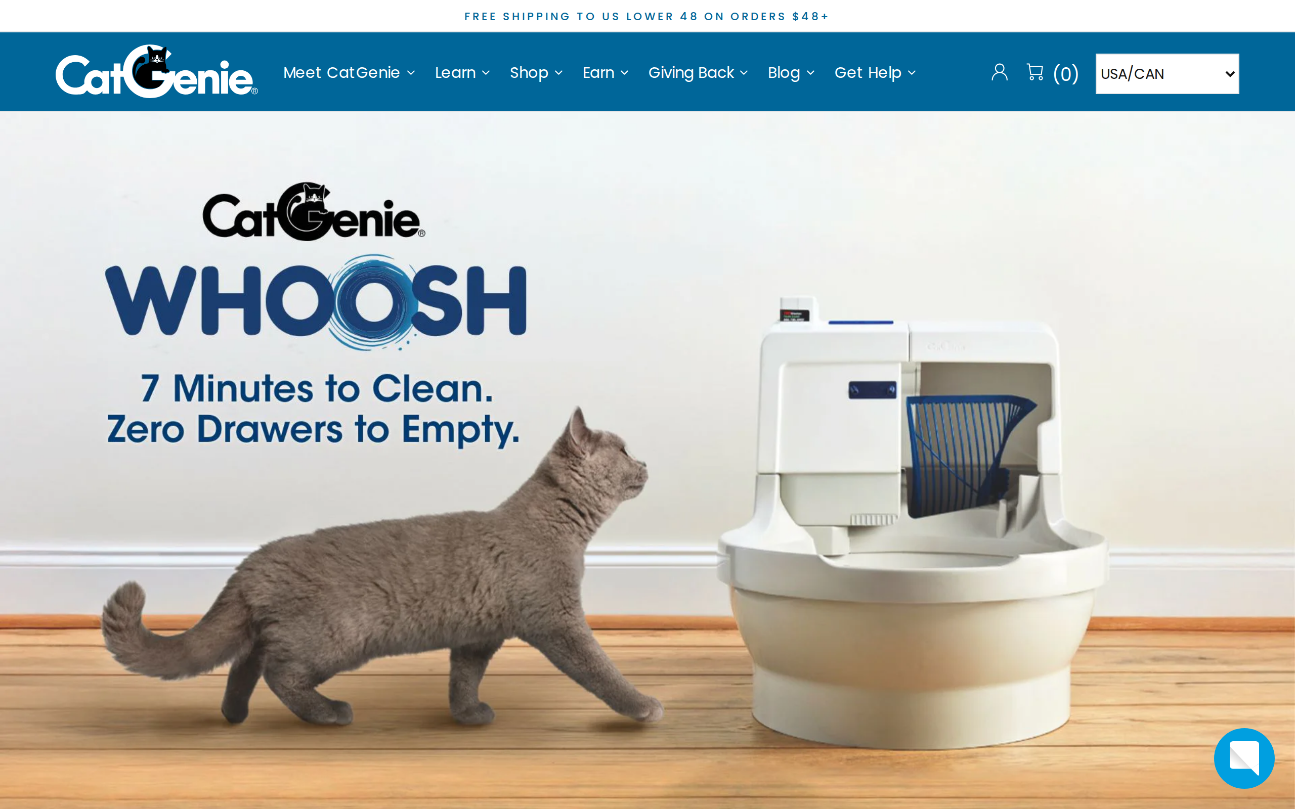 CatGenie page showing the Whoosh with the line 7 Minutes to Clean. Zero Drawers to Empty.