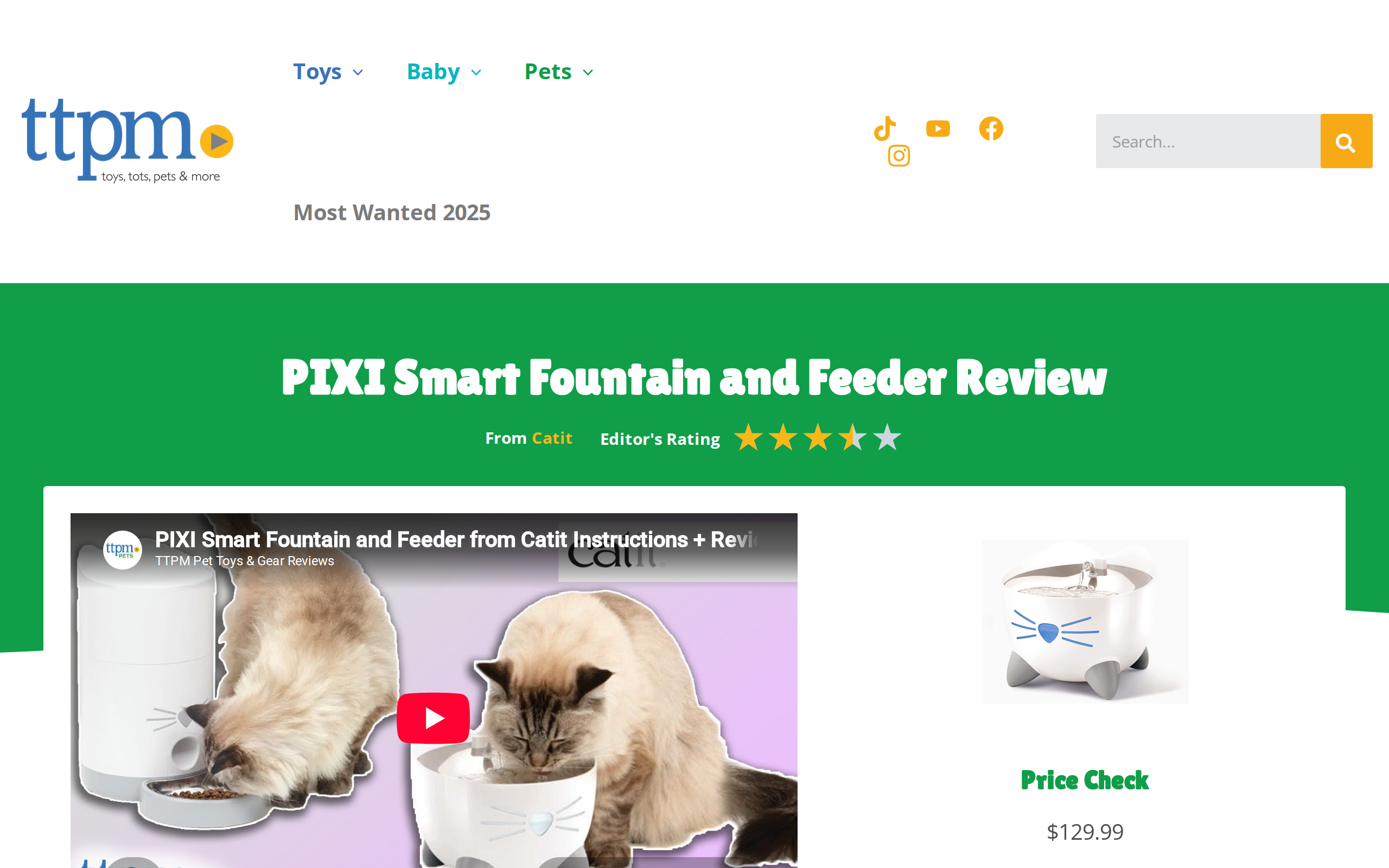TTPM's review page for the PIXI Smart Fountain and Feeder, with a price of $129.99 shown