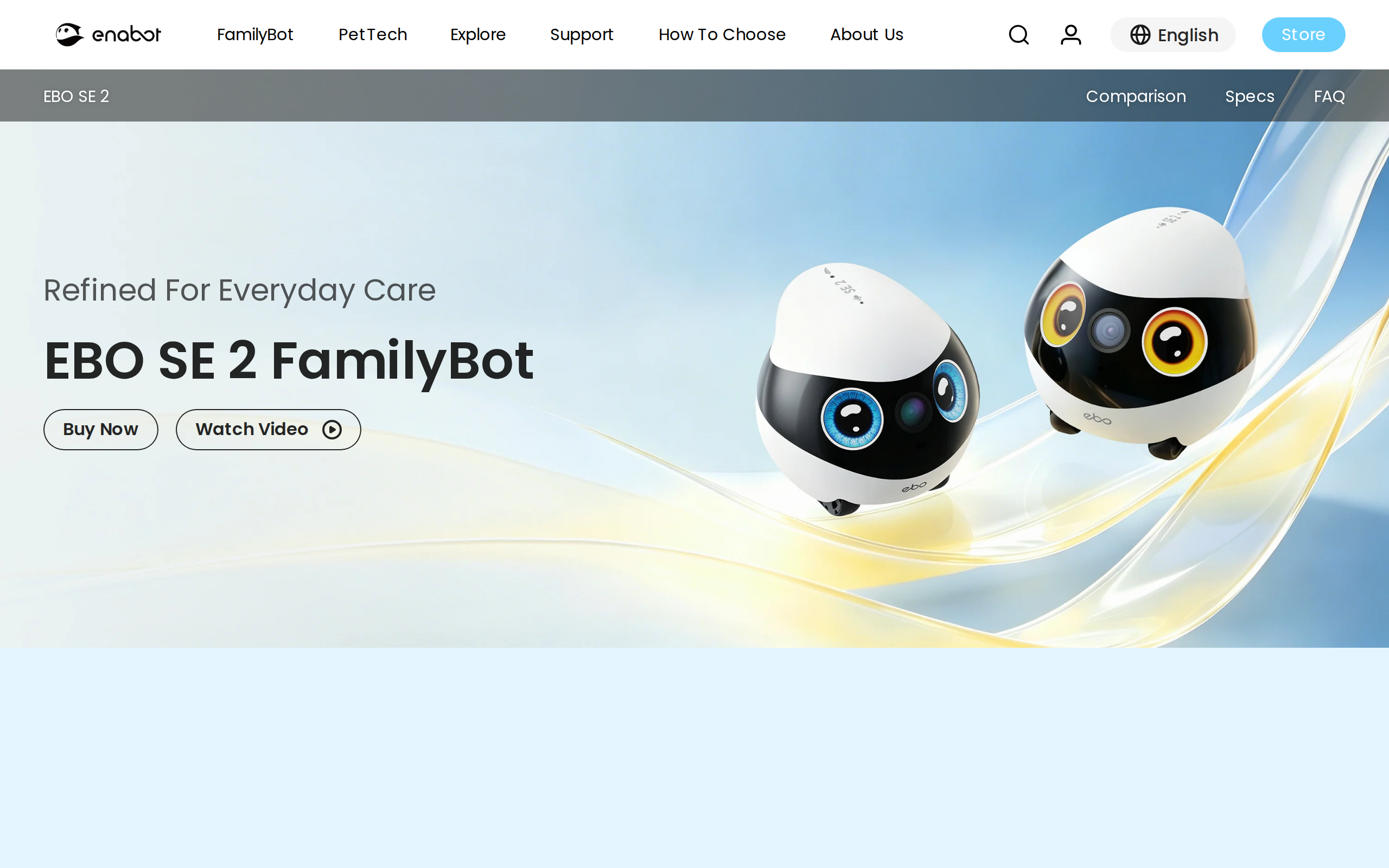 Enabot page for the EBO SE 2 FamilyBot showing two egg-shaped white robots with blue and amber eyes