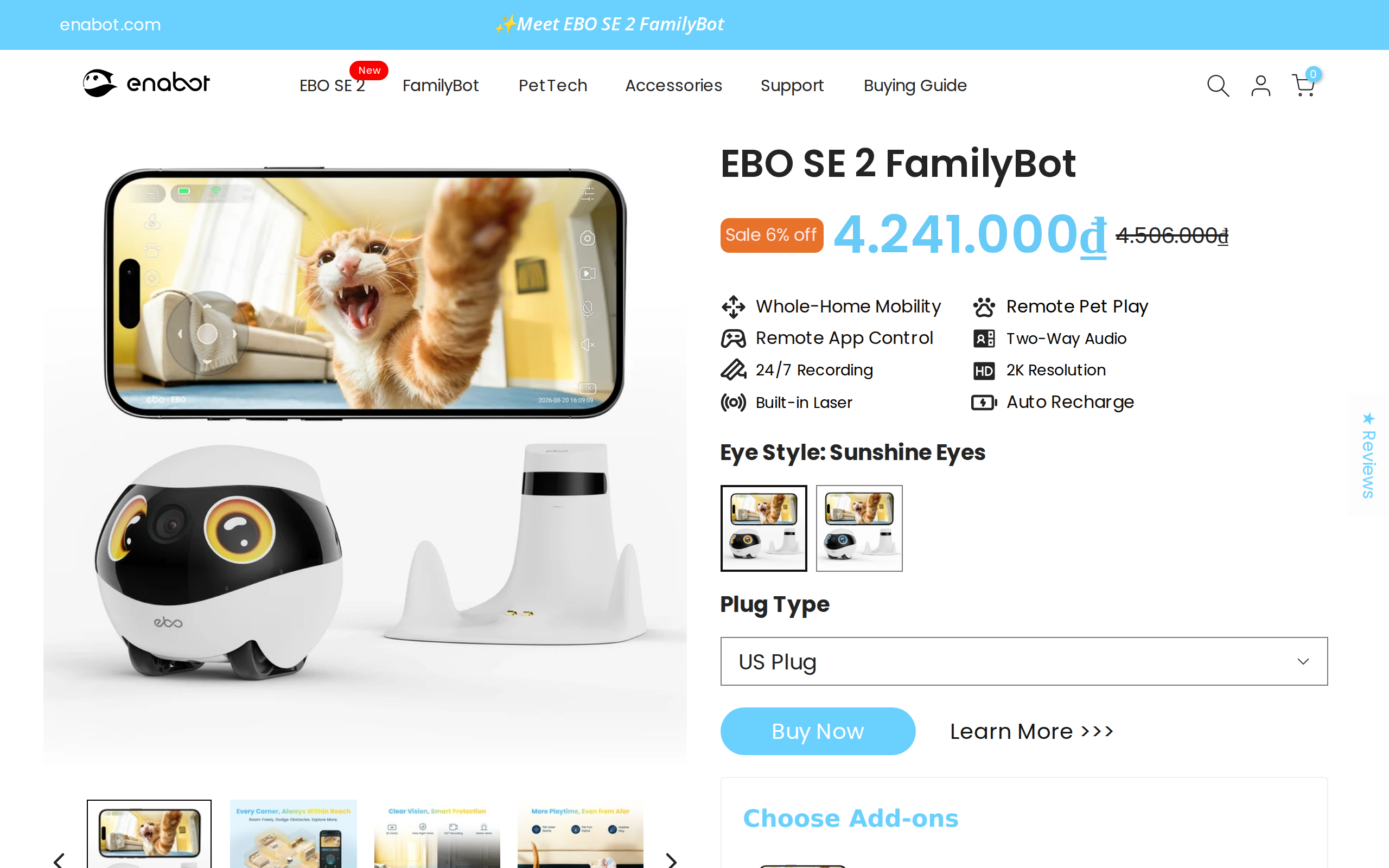 Enabot's product page for the EBO SE 2 FamilyBot, with two white robots showing blue and amber eyes