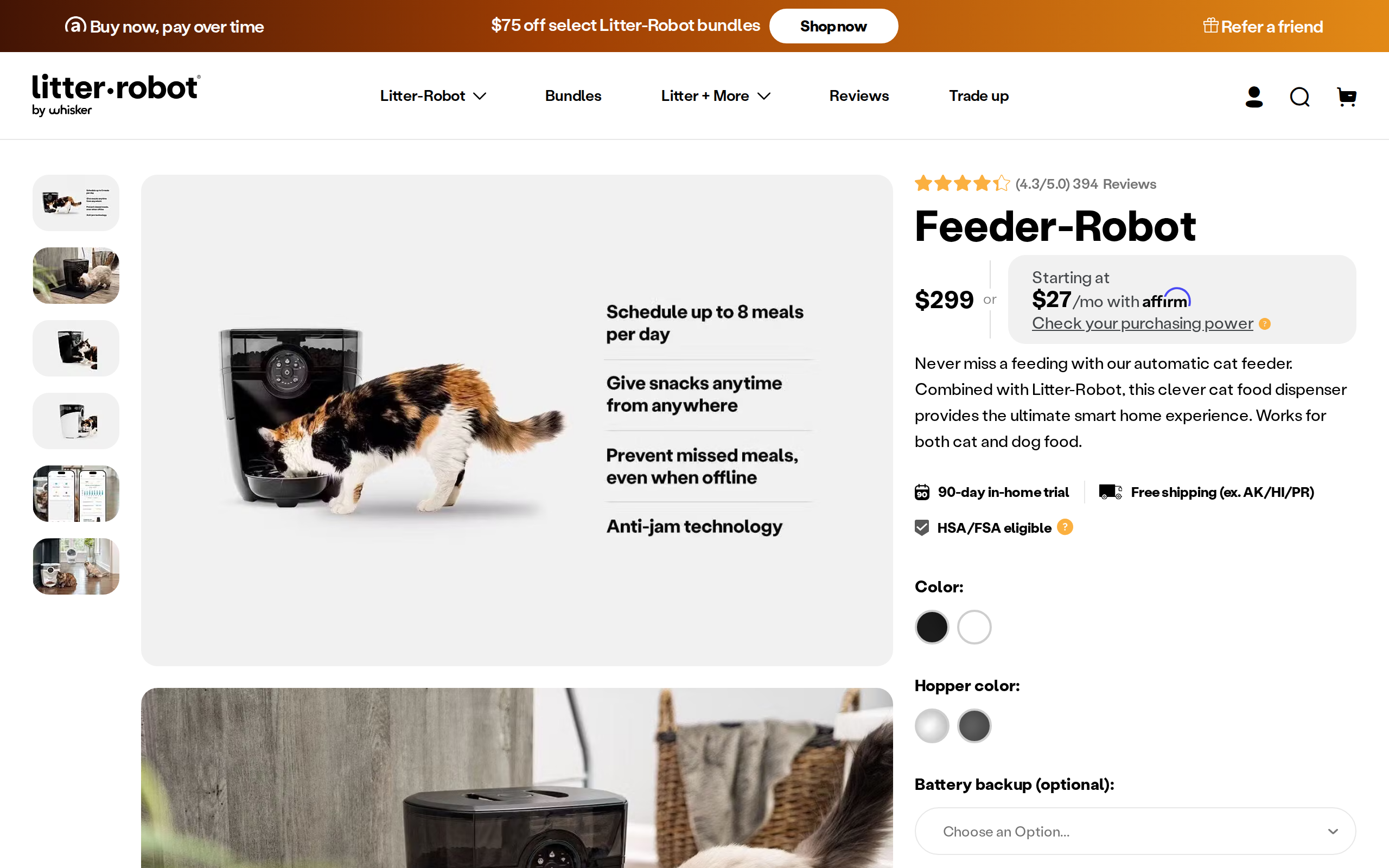 Whisker's Feeder-Robot product page showing a cat eating from a white feeder and the $299 price