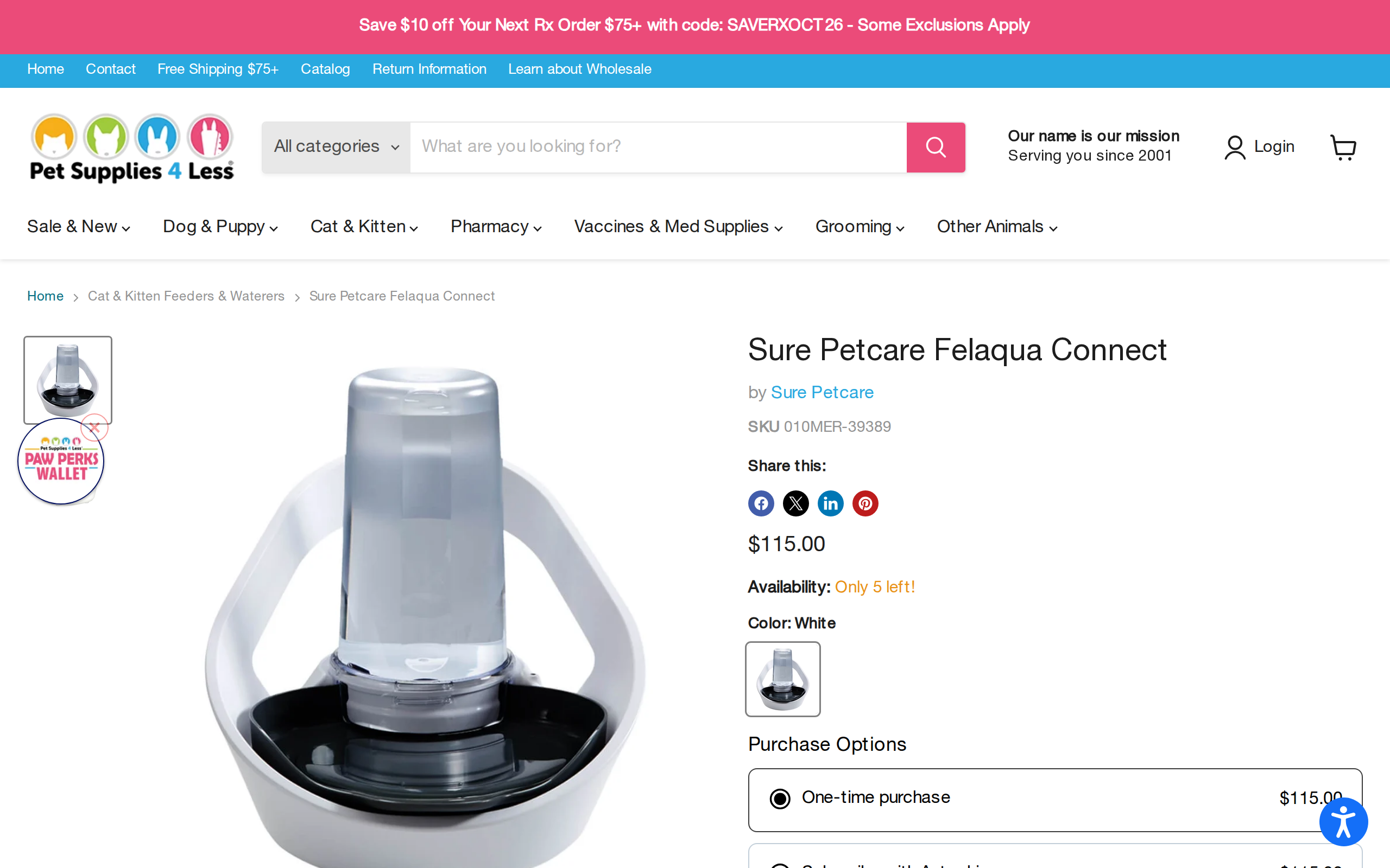 A retailer page for the Sure Petcare Felaqua Connect with the product photo and a $115.00 price