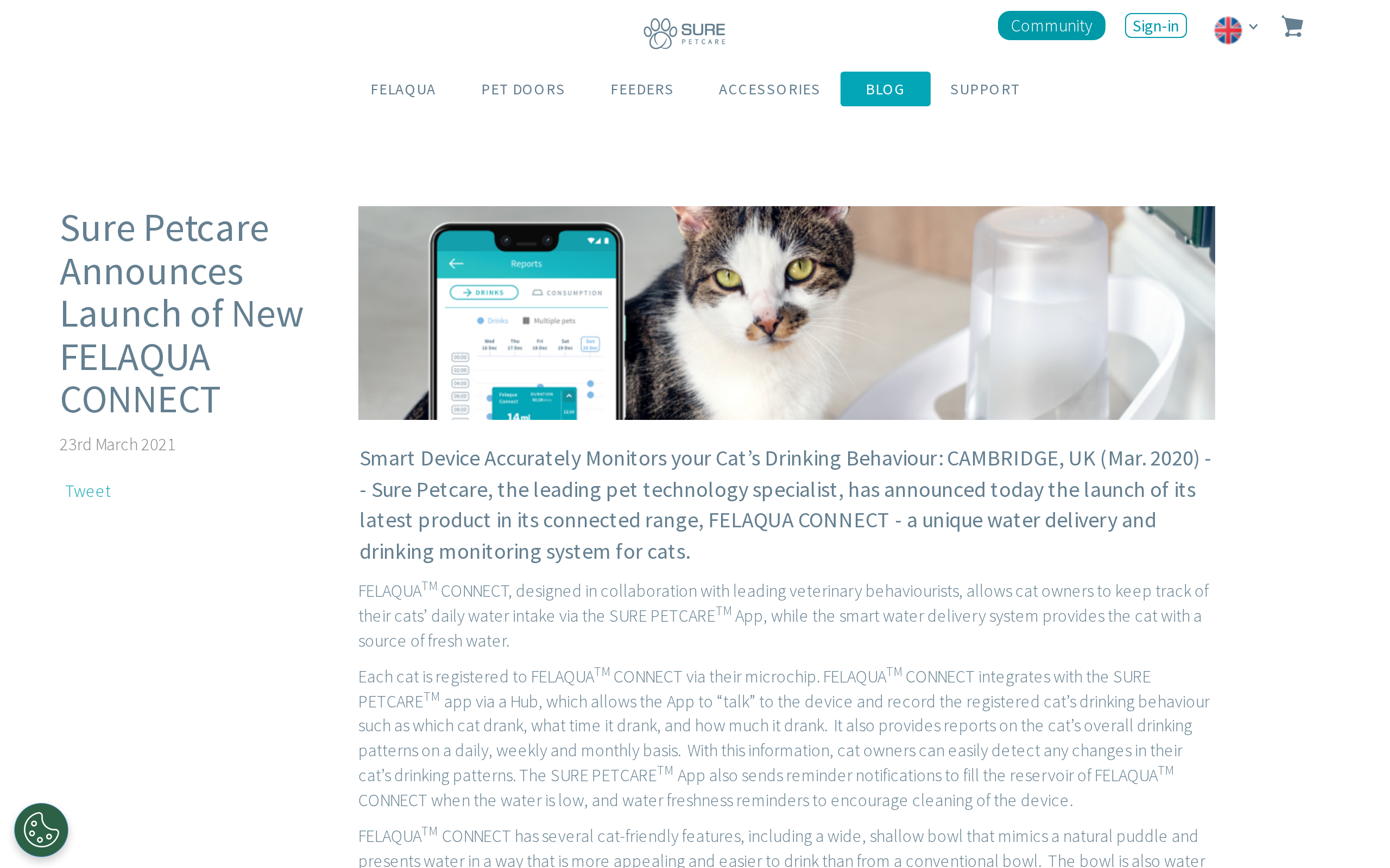 A Sure Petcare launch release for Felaqua Connect, describing microchip registration and daily, weekly and monthly reports