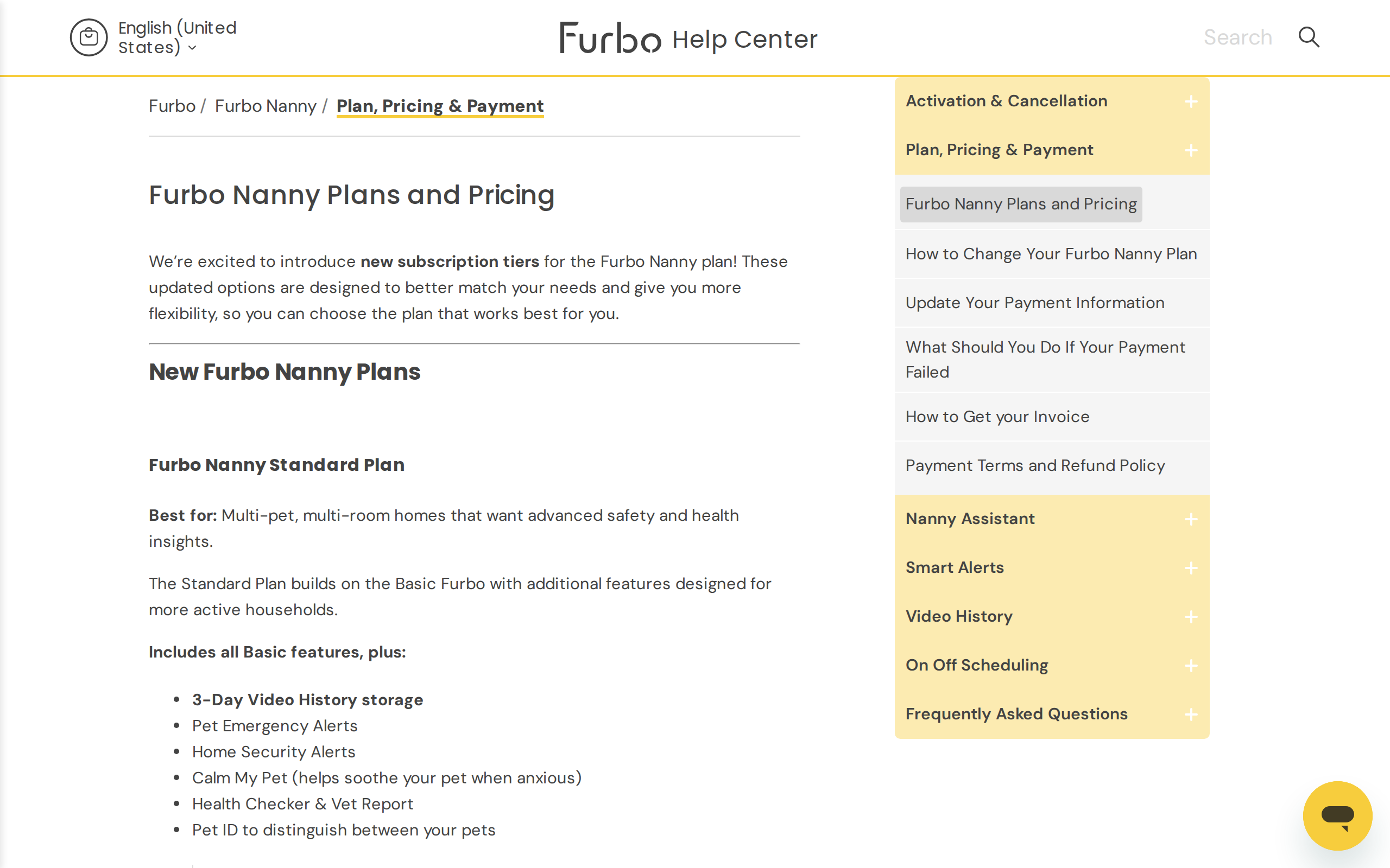 Furbo's help centre page on Nanny plans, listing the Standard plan features