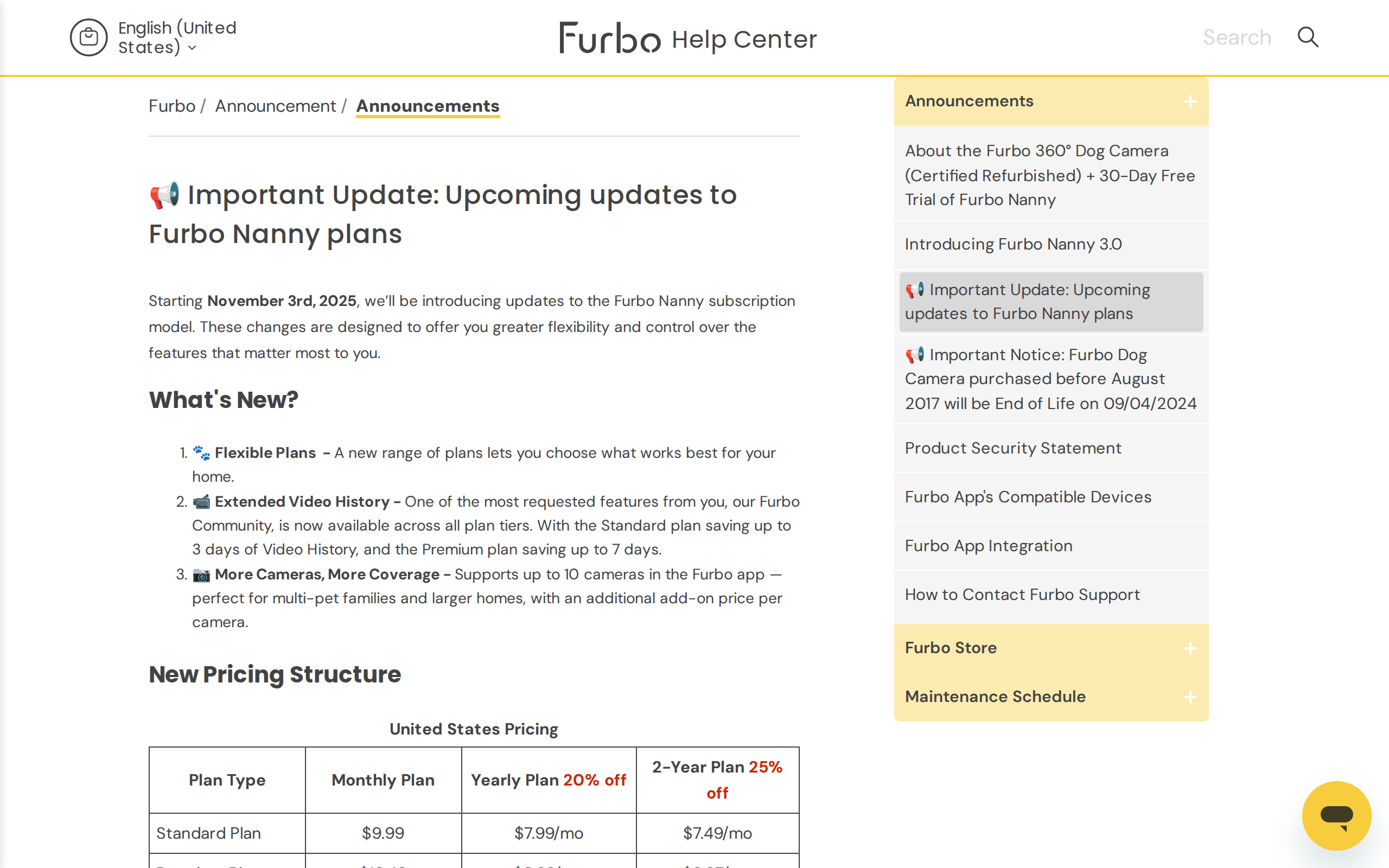 Furbo's help page announcing updated Nanny plans, with prices of $9.99, $7.99 and $7.49 a month