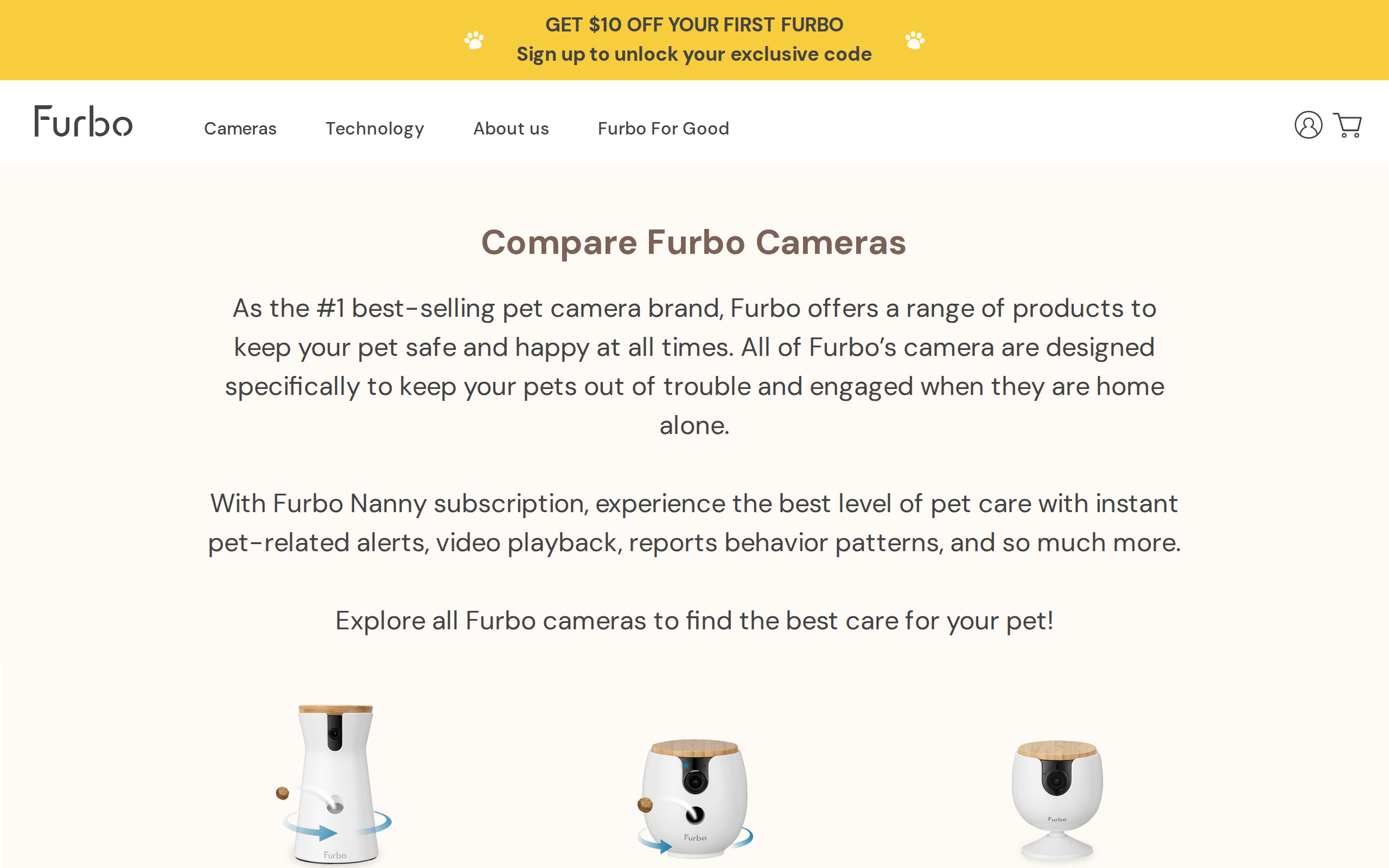 Furbo's comparison page, headed "Compare Furbo Cameras", with the $35 camera price and a $10 first-purchase offer
