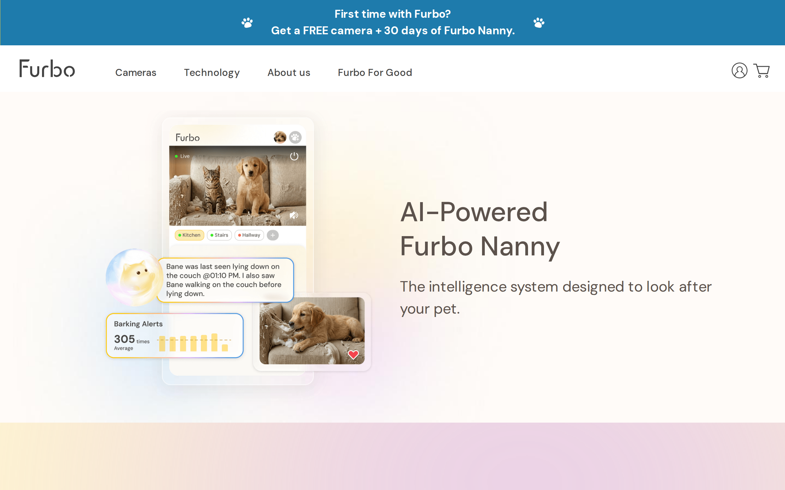 Furbo Nanny's page, headed "AI-Powered Furbo Nanny", with a phone showing smart alerts for vomiting, crying and running