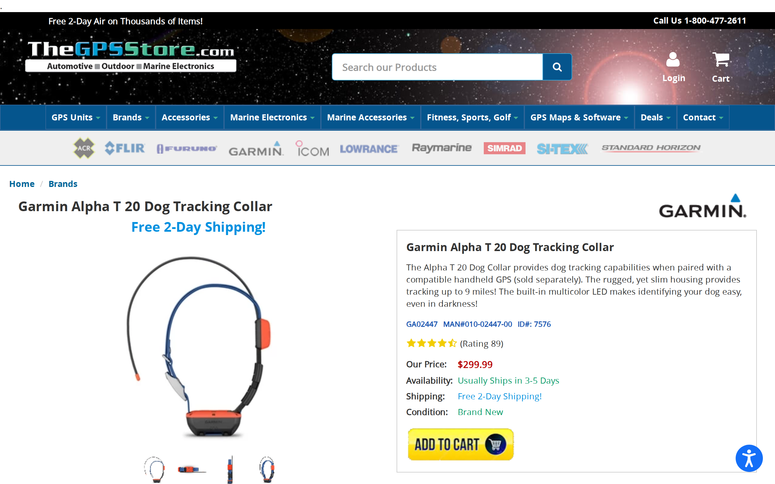 Garmin's Alpha T 20 retail listing at The GPS Store, showing the collar and its $299.99 price