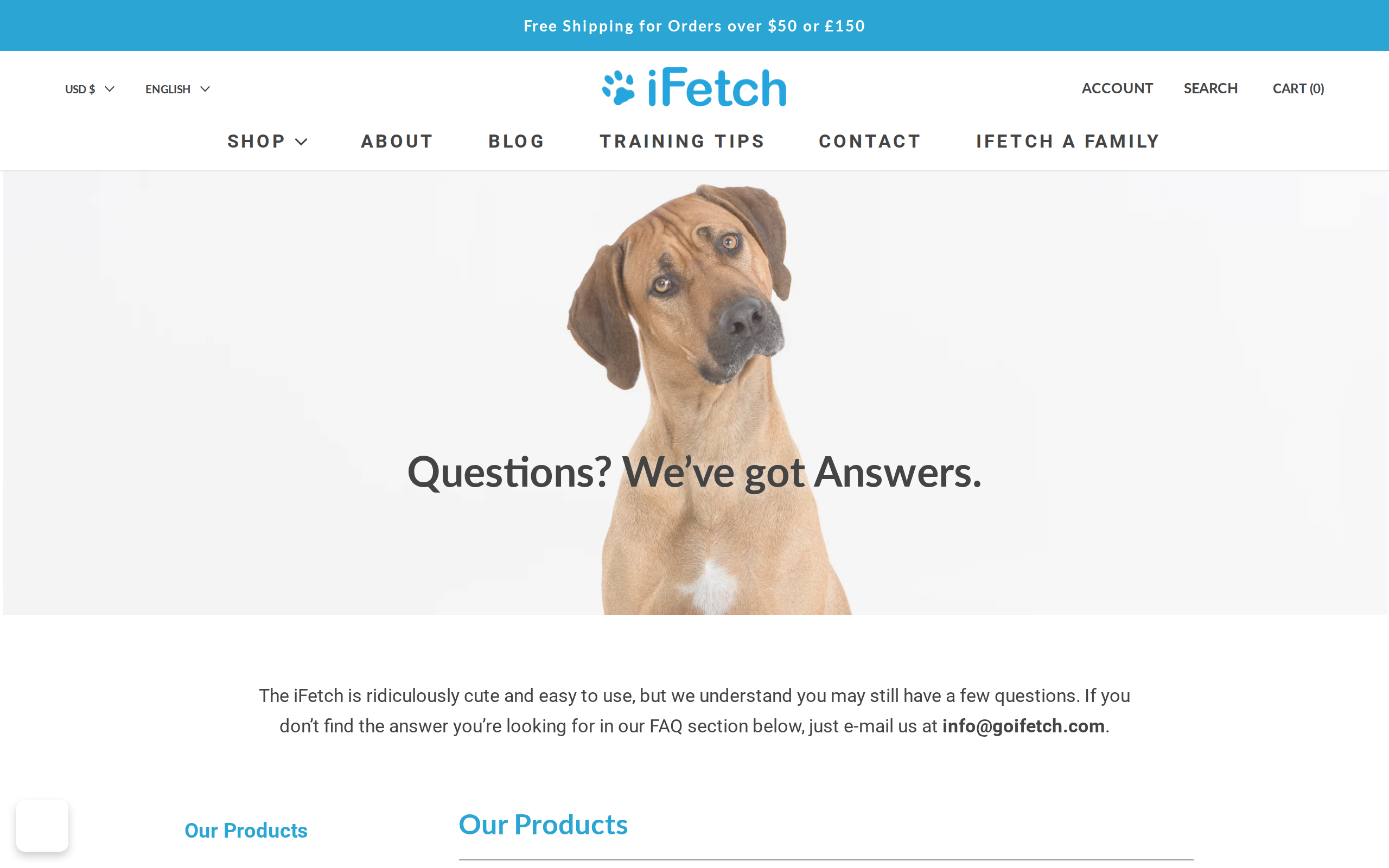iFetch FAQ page headed Questions? We've got Answers.