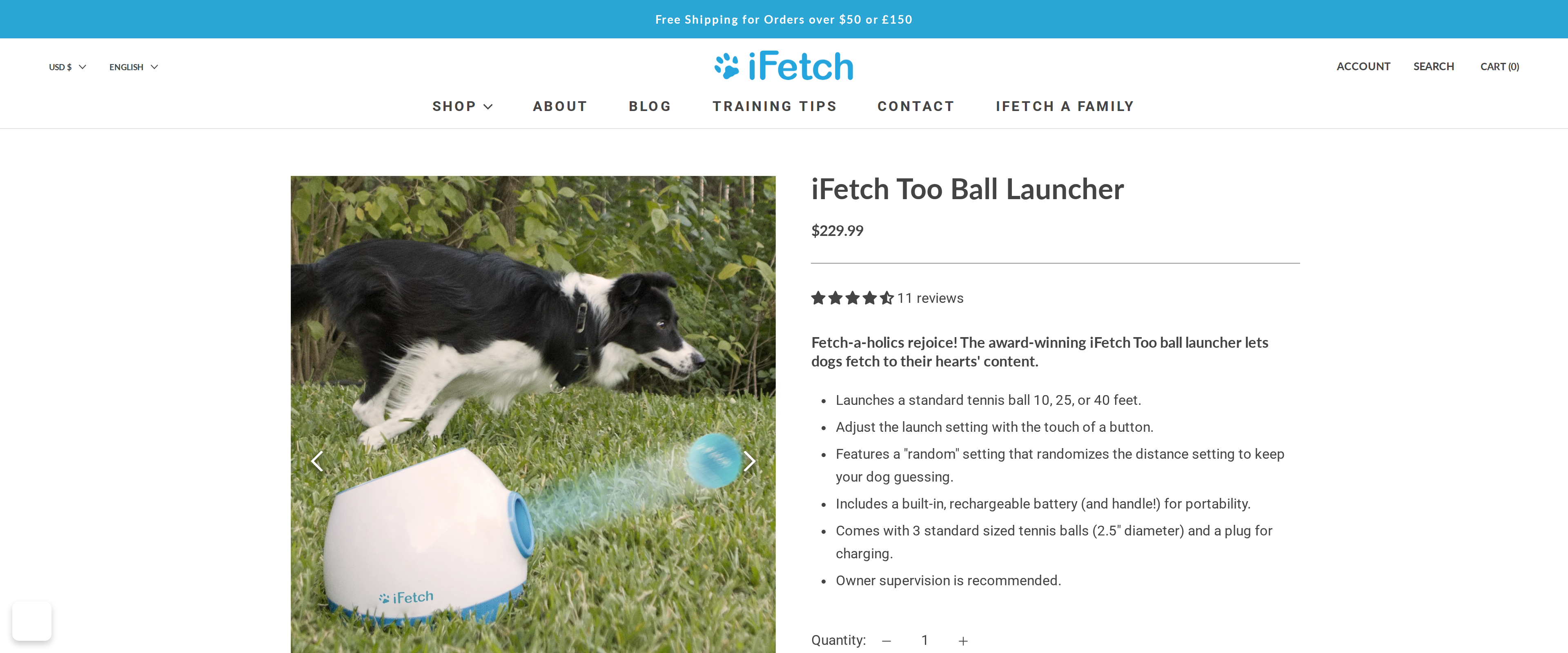 iFetch Too Ball Launcher product page with a price of $229.99