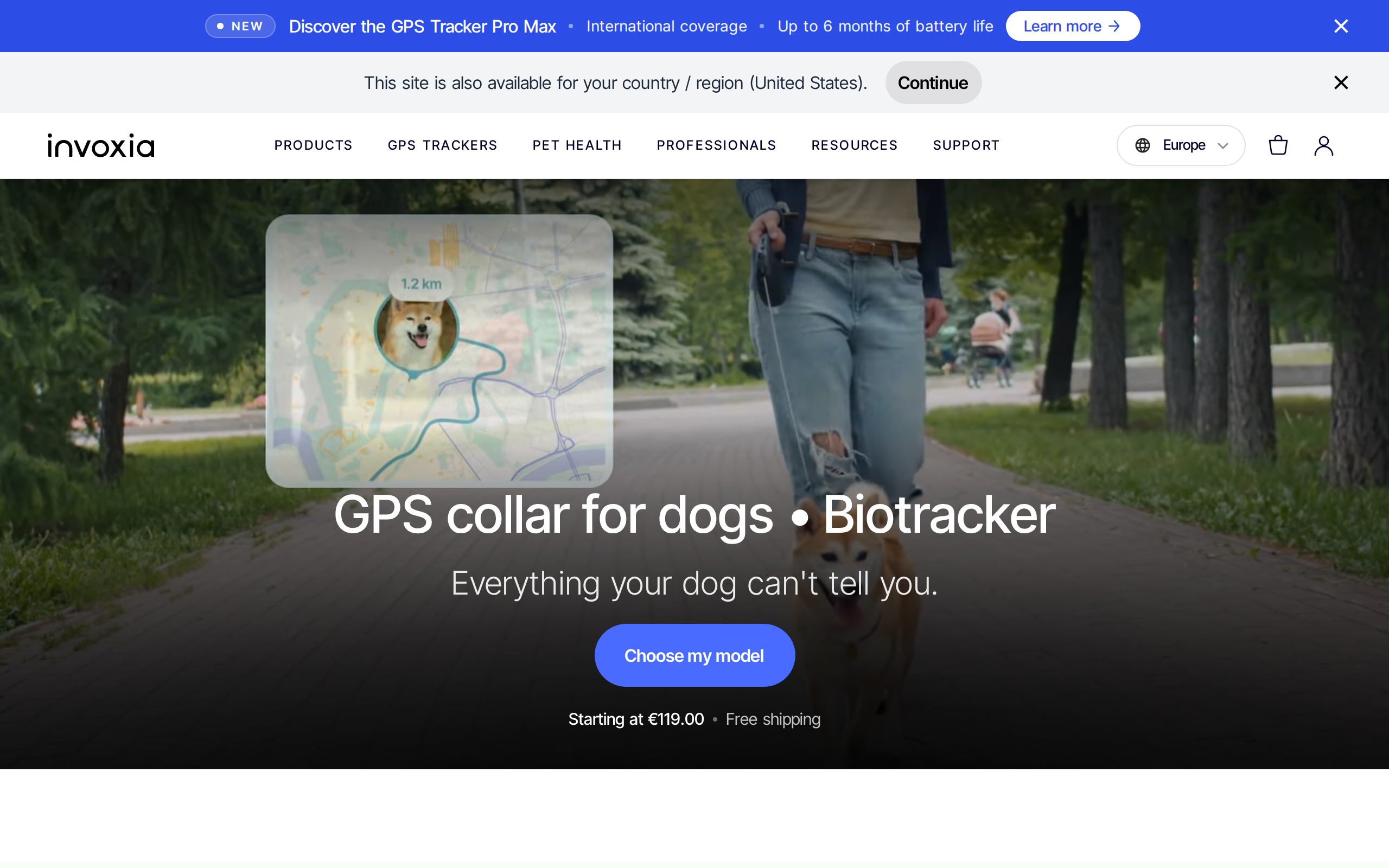 Invoxia's Biotracker page with the headline Everything your dog can't tell you and a starting price of 119 euros