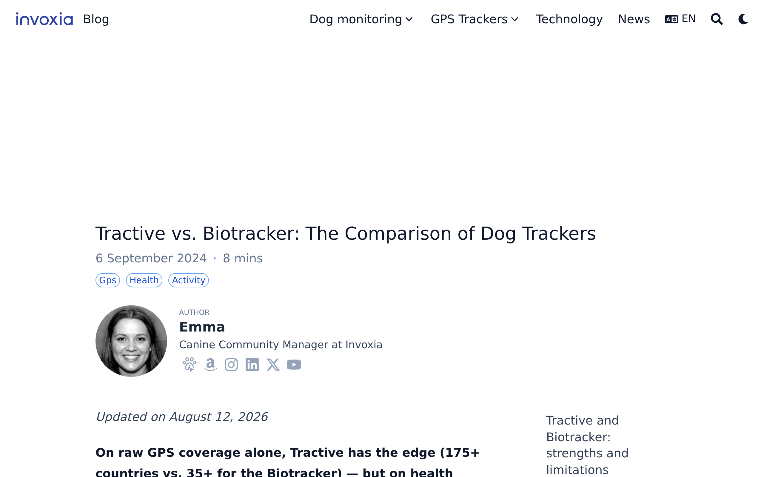 Invoxia's blog post comparing Tractive and Biotracker, updated August 12, 2026, with a summary of coverage and health tracking