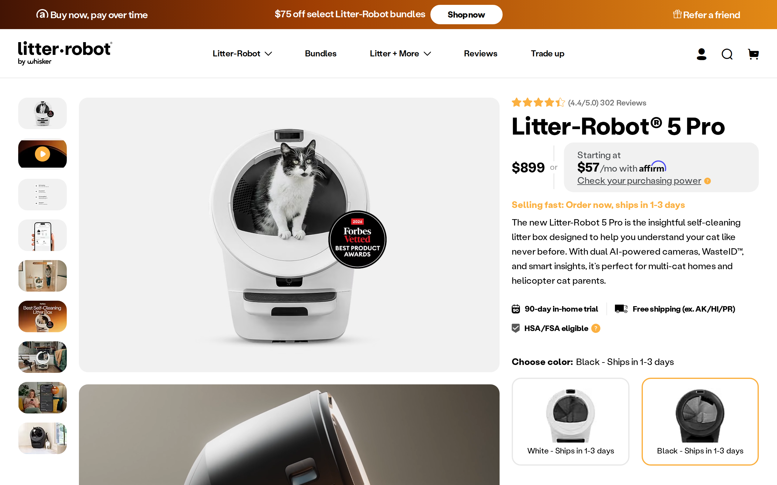 Whisker's Litter-Robot 5 Pro page at $899 with a Forbes Vetted award badge on the product image