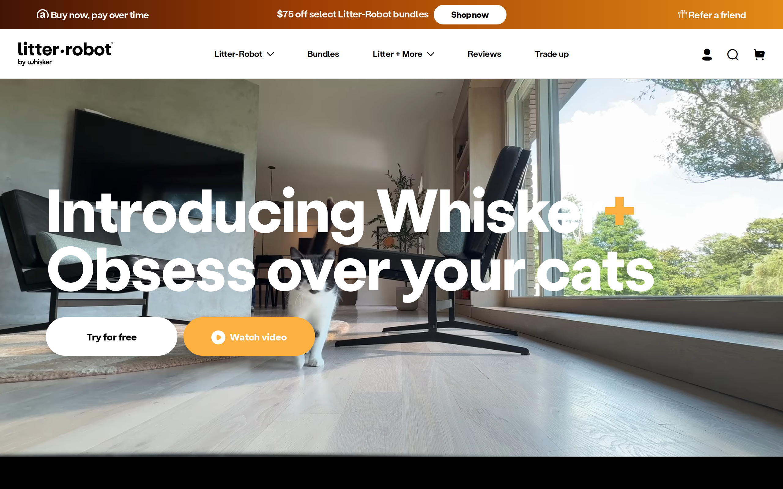 Whisker's Whisker+ membership page with a video banner introducing cat insights