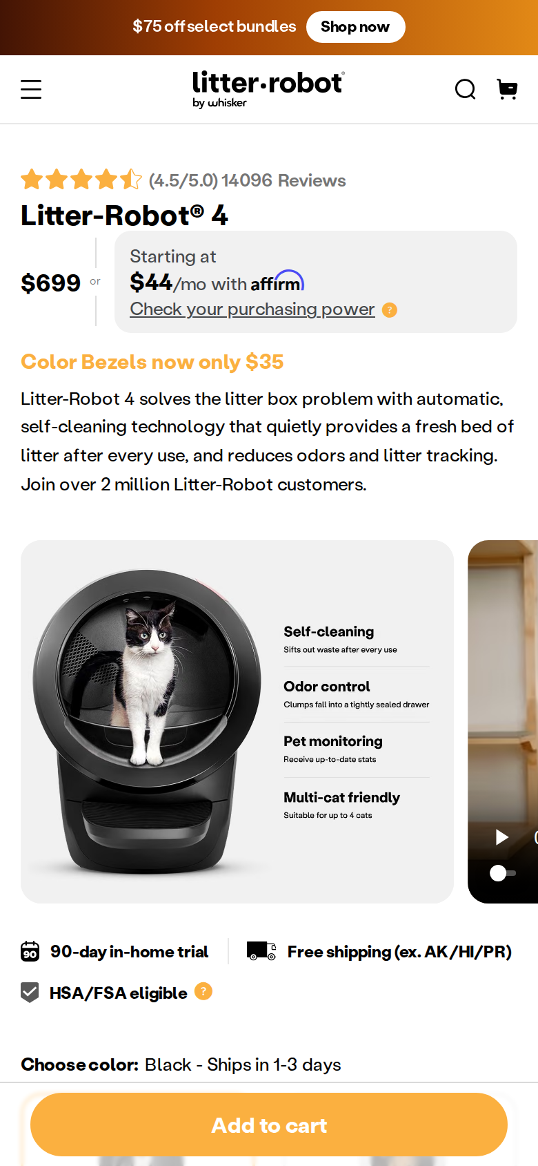 A phone-width capture of the Litter-Robot 4 page showing the unit, the $699 price and the Whisker app