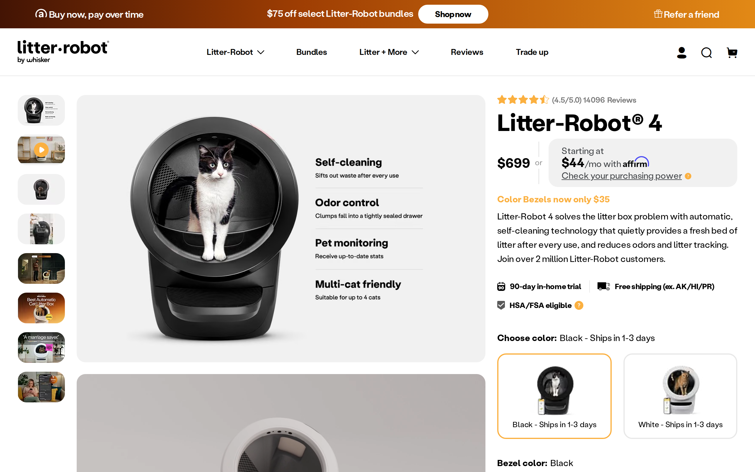 The Litter-Robot 4 product page at $699, with no camera listed
