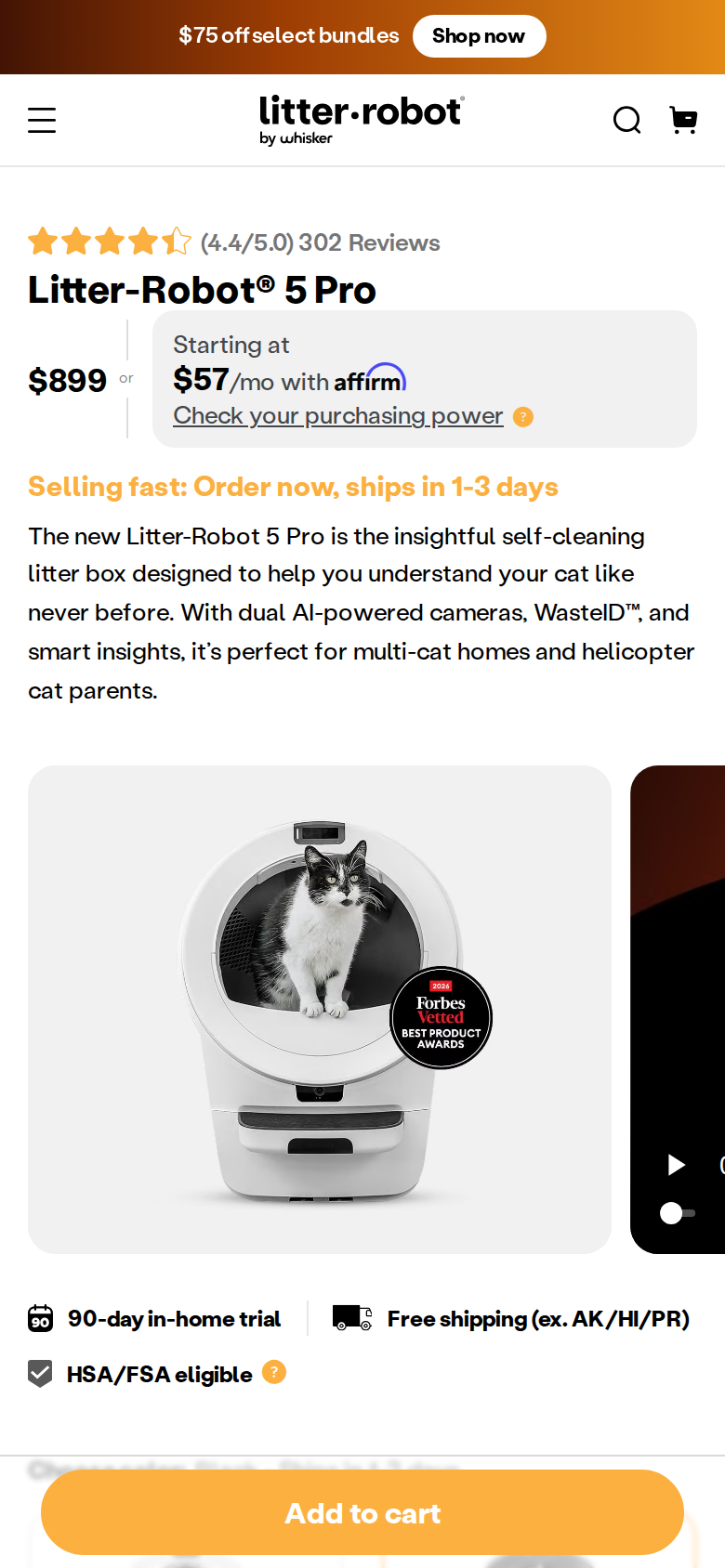 The Litter-Robot 5 Pro page on a phone, showing the price and the gallery