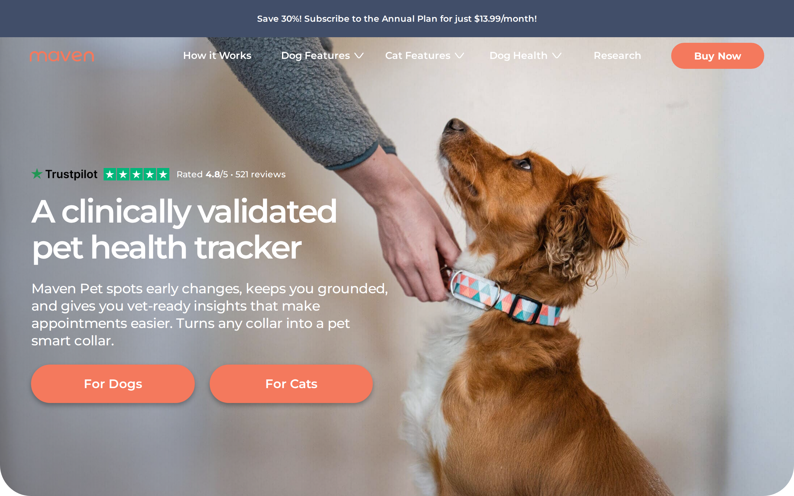 Maven Pet's homepage headline, a clinically validated pet health tracker, with the $13.99 annual plan price