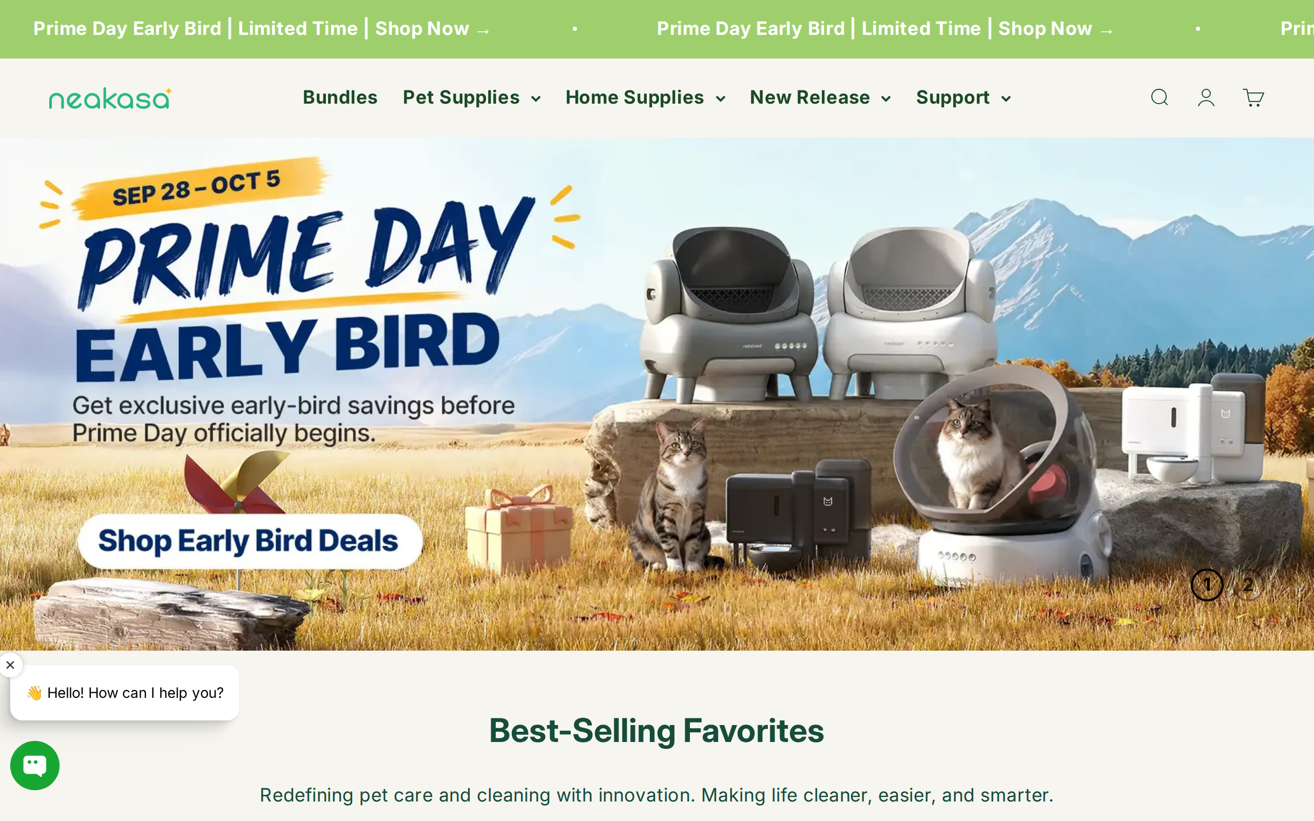 Neakasa's home page, headed Neakasa with a Best-Selling Favorites row that includes its litter boxes
