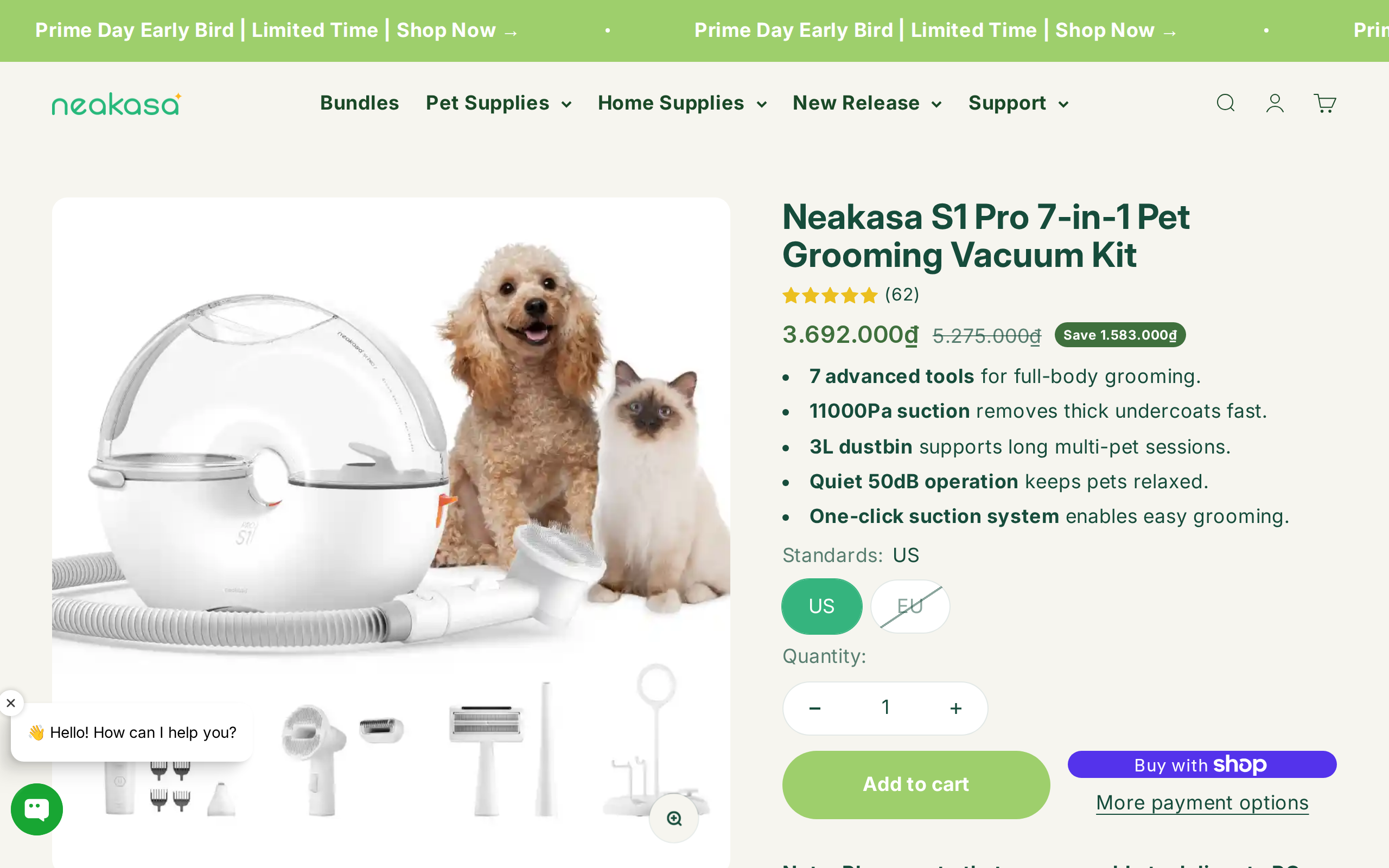 Neakasa store page for the S1 Pro 7-in-1 Pet Grooming Vacuum Kit with 11000Pa suction and a 3L dustbin