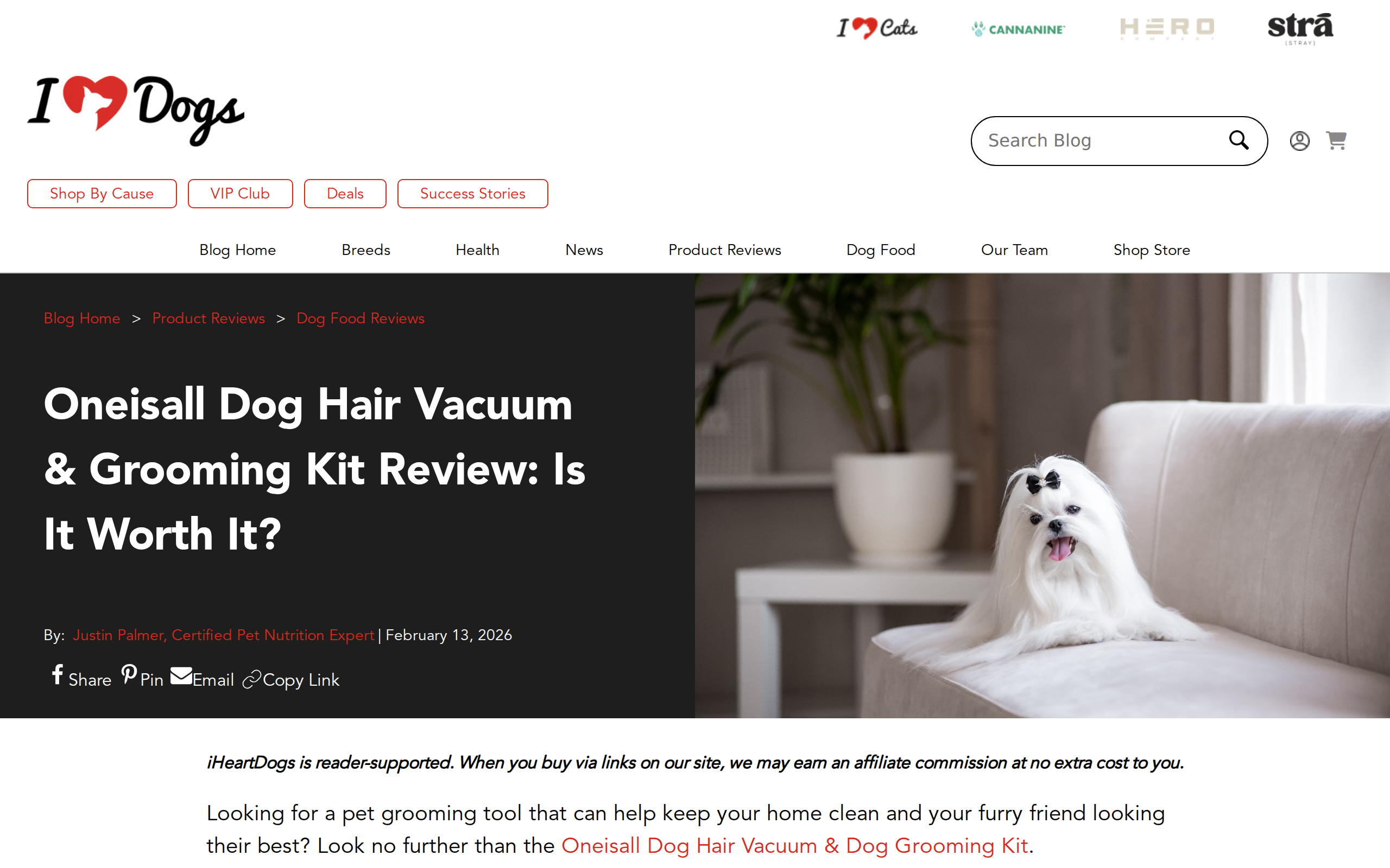 iHeartDogs' review page for an Oneisall dog hair vacuum and grooming kit