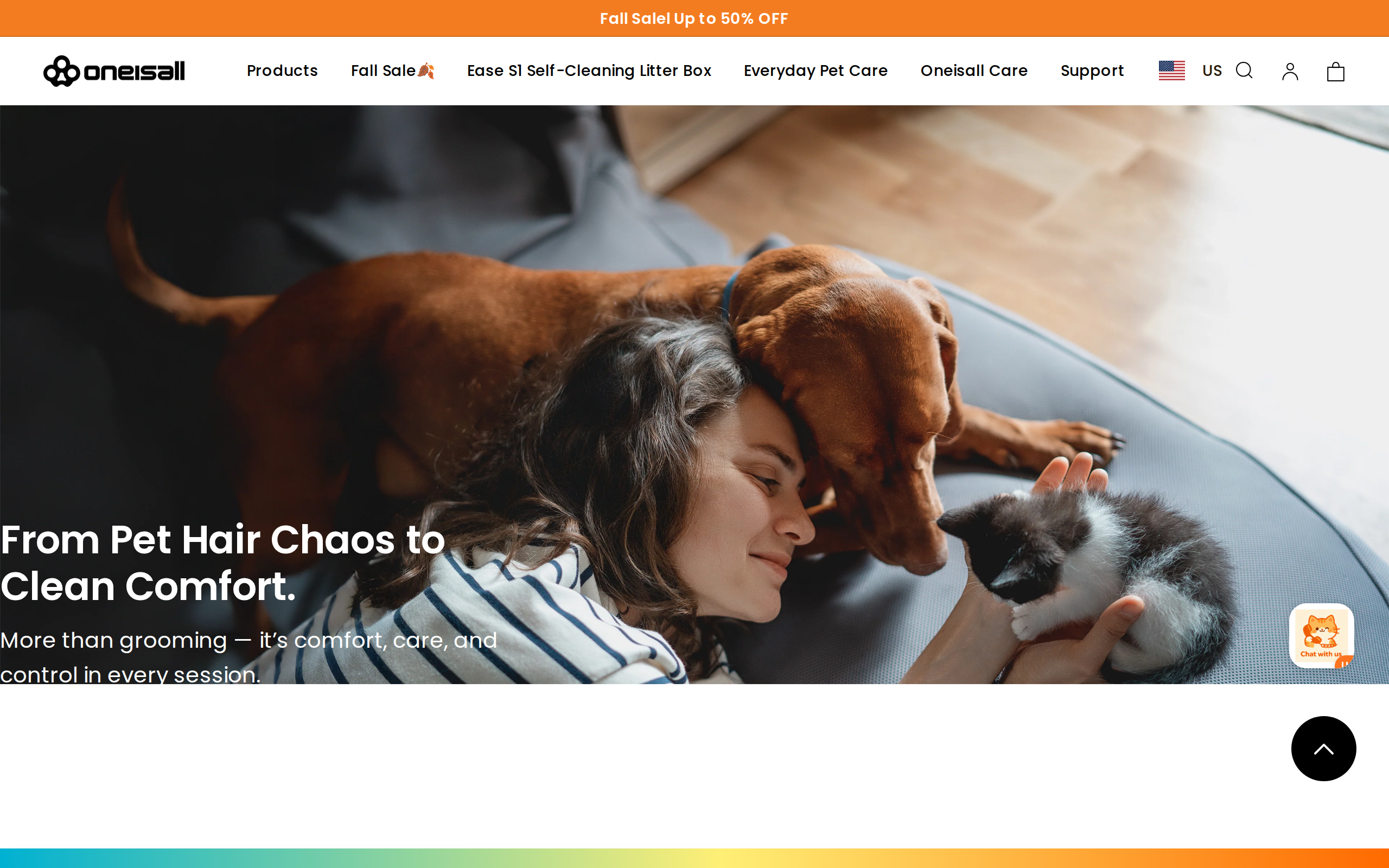 Oneisall's grooming vacuum page with the headline From Pet Hair Chaos to Clean Comfort