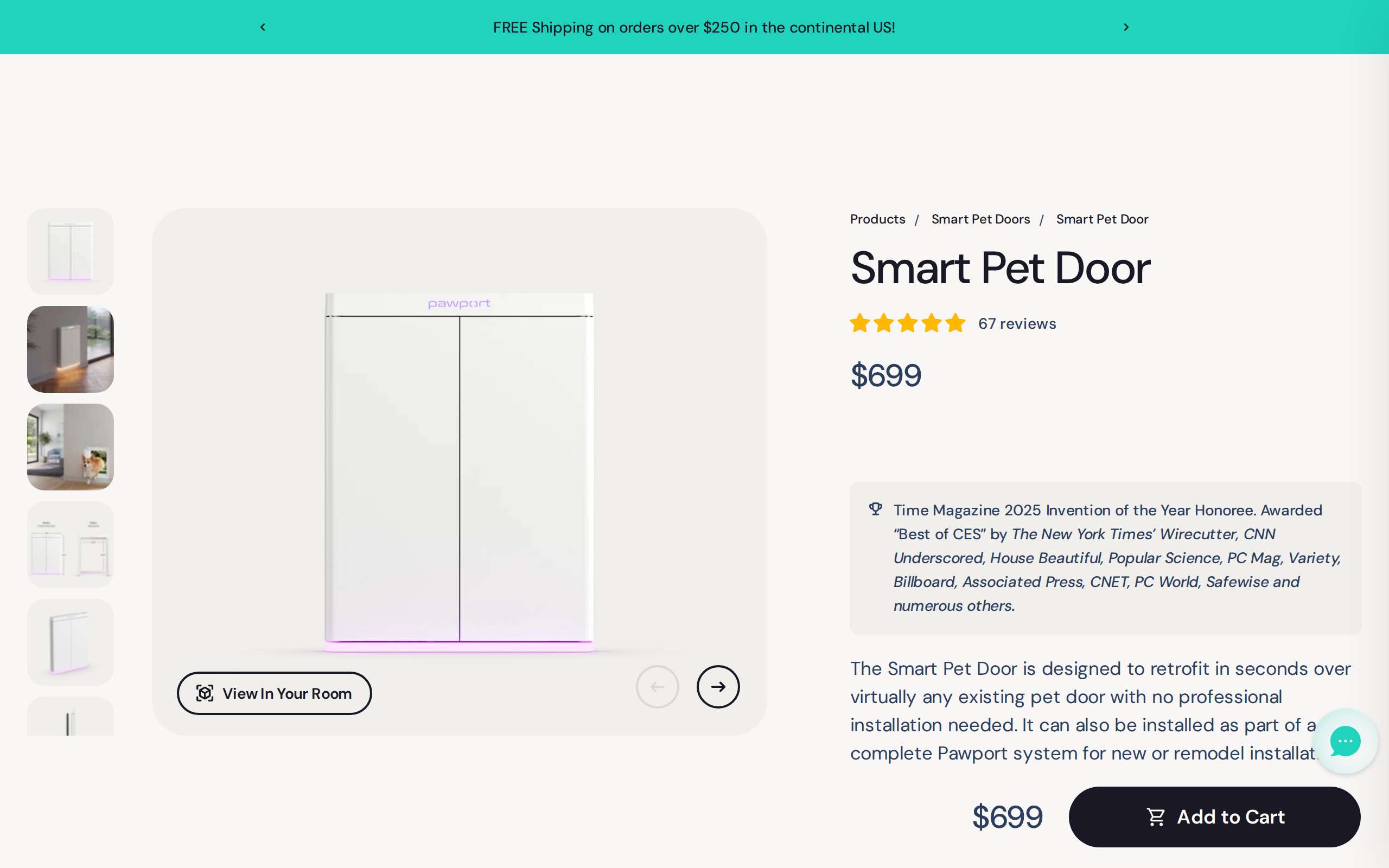 Pawport's Smart Pet Door product page showing the $699 price and a free tag offer