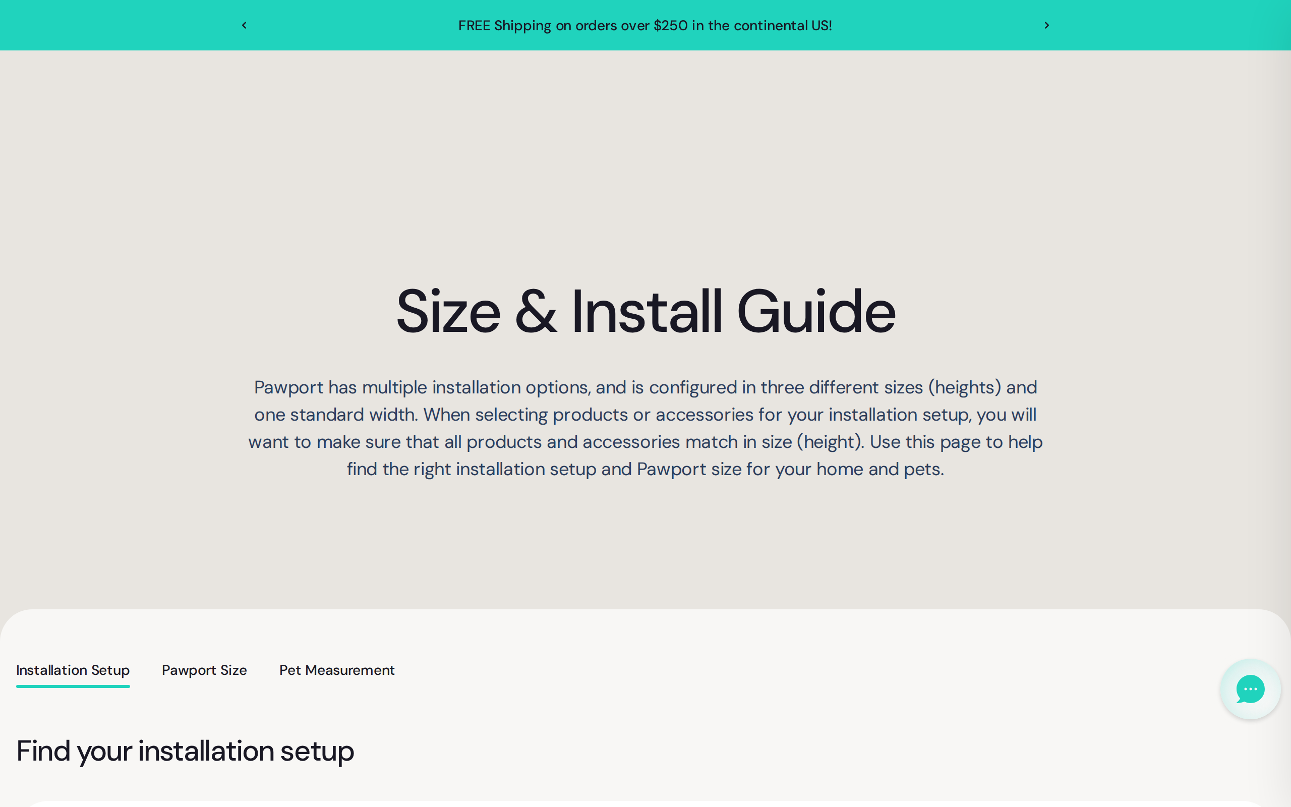 Pawport's Size and Install Guide, headed "Find your installation setup"