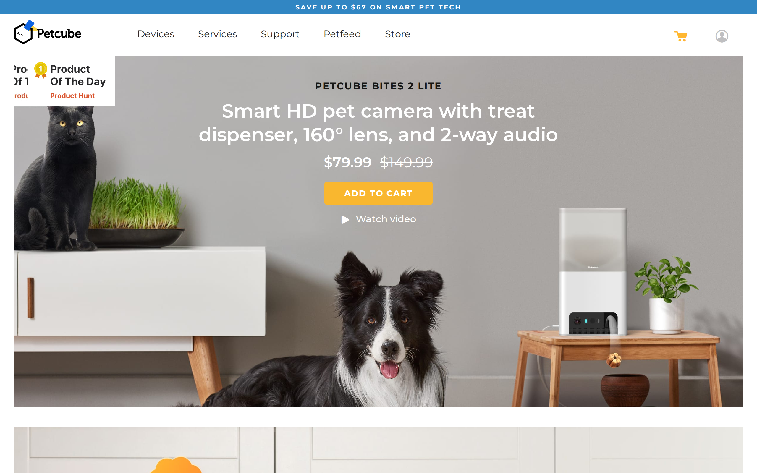 Petcube store page for the Bites 2 Lite smart HD pet camera with treat dispenser, showing $79.99 against a $149.99 list price