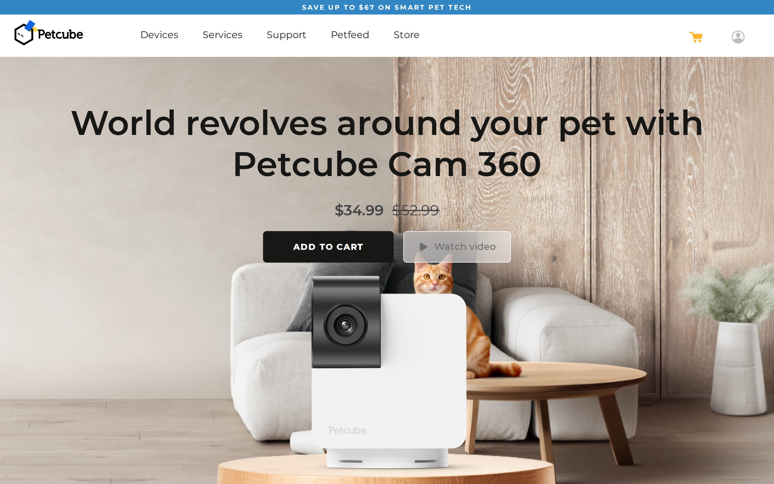 Petcube product page headed World revolves around your pet with Petcube Cam 360, with prices of $34.99 and $52.99 shown