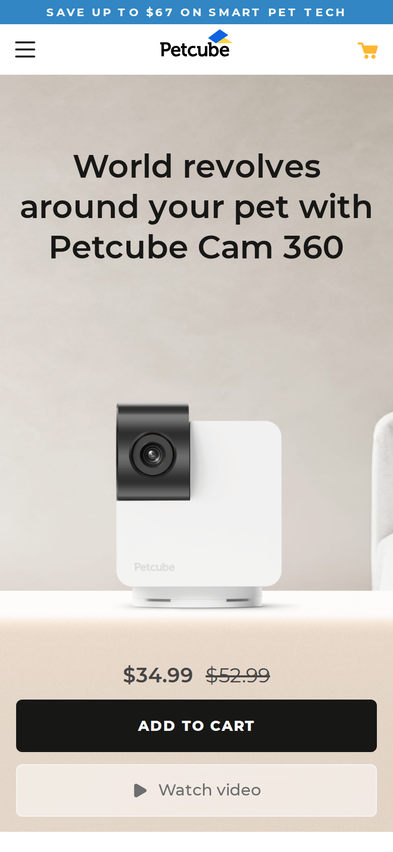 Petcube Cam 360 page on a phone-width screen, with prices of $34.99 and $52.99