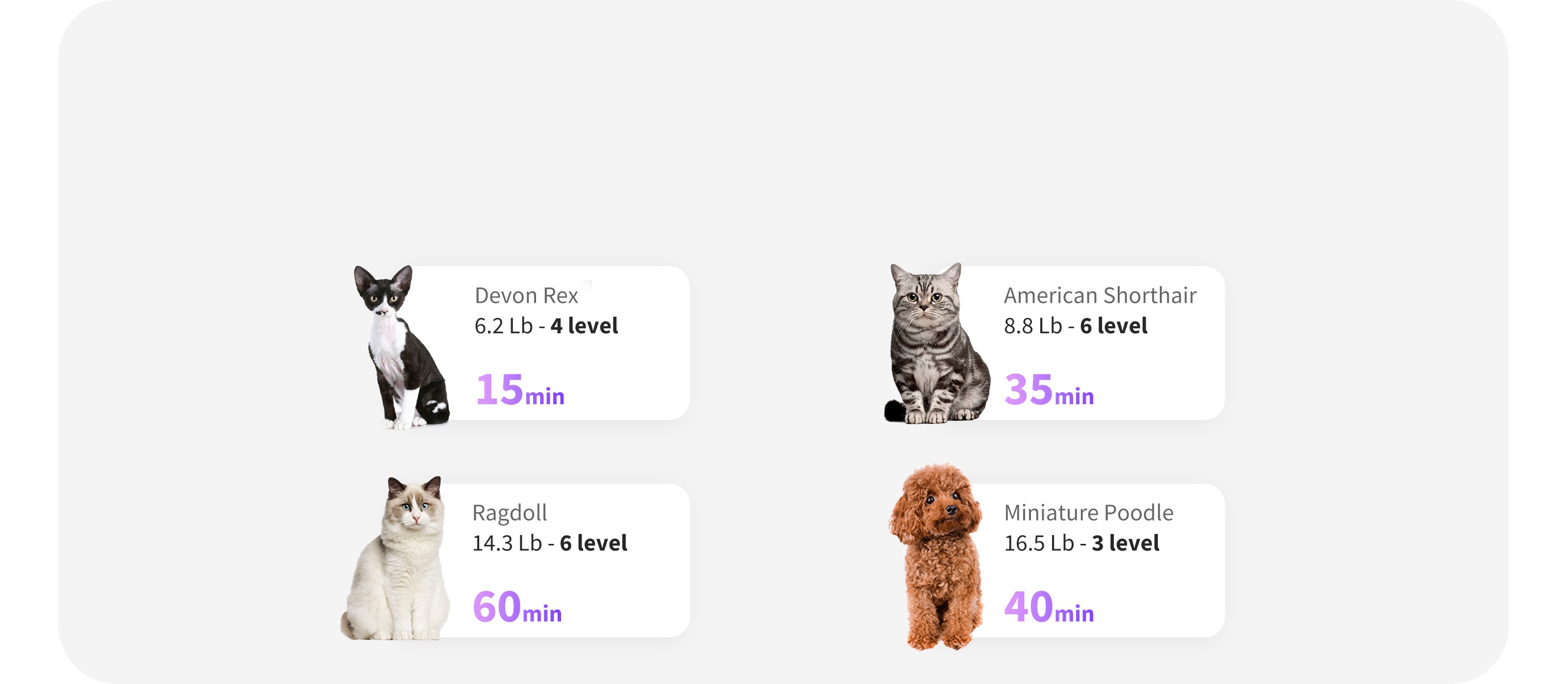 Petkit's chart of drying times by breed and weight, from 15 minutes for a Devon Rex to 60 minutes for a Ragdoll