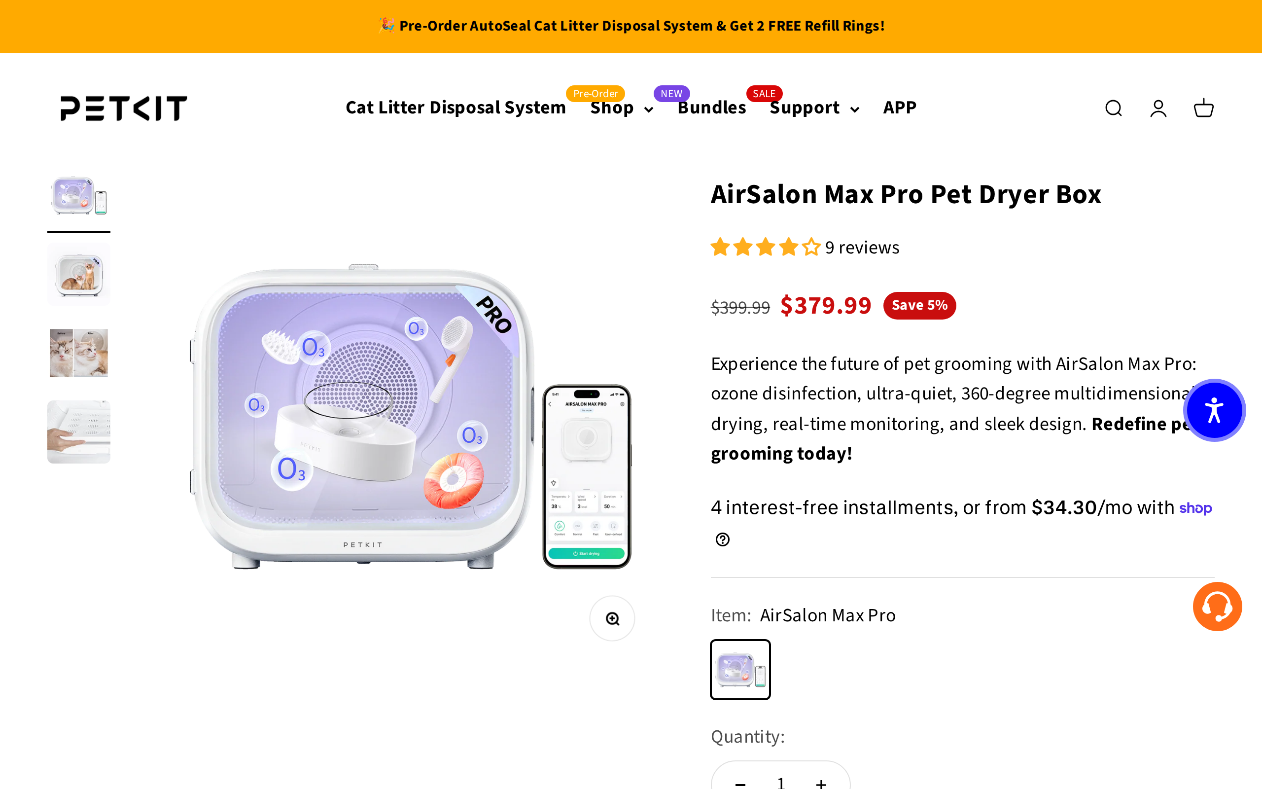 Petkit's AirSalon Max Pro product page with the dryer box photos and headline claims about ozone disinfection and quiet drying