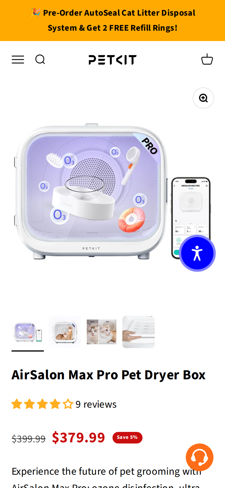 The Petkit AirSalon Max Pro page on a phone, with the ozone disinfection and ultra-quiet claims
