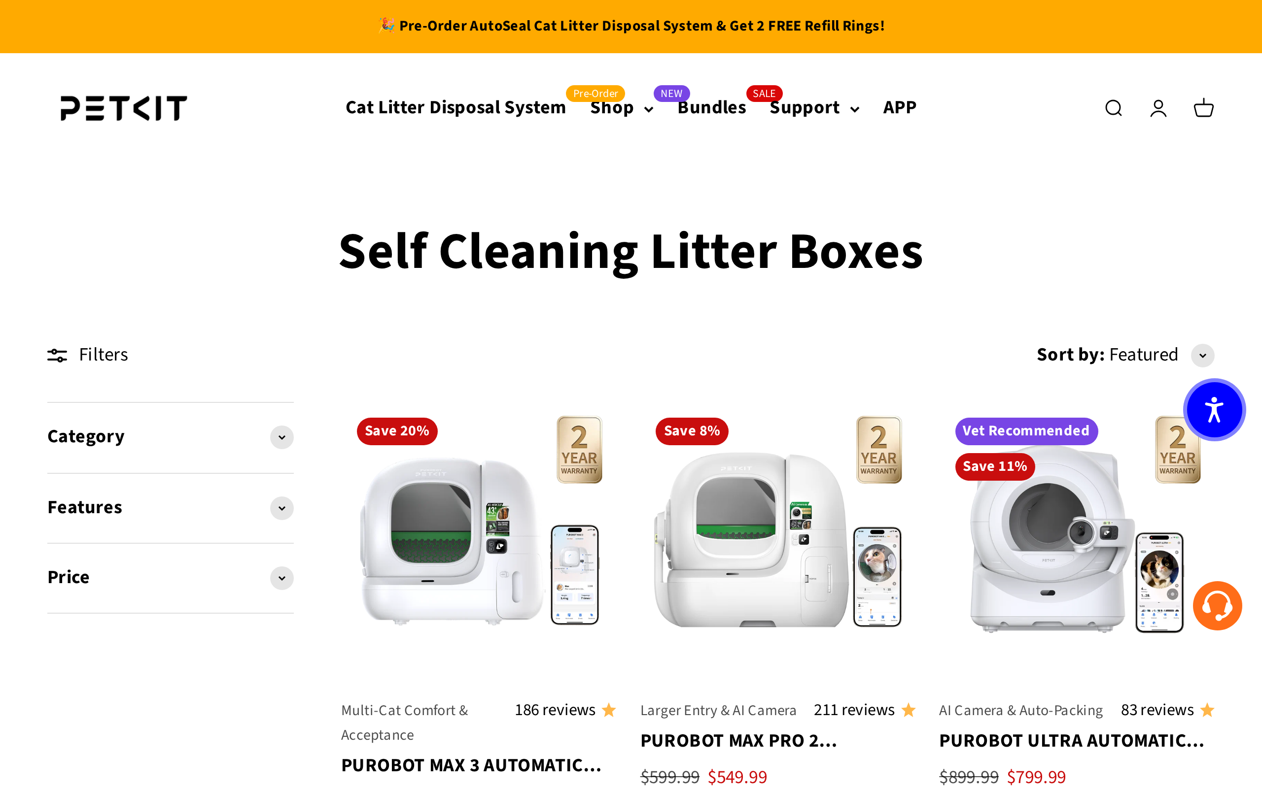 Petkit collection page listing automatic litter boxes including the Purobot Ultra