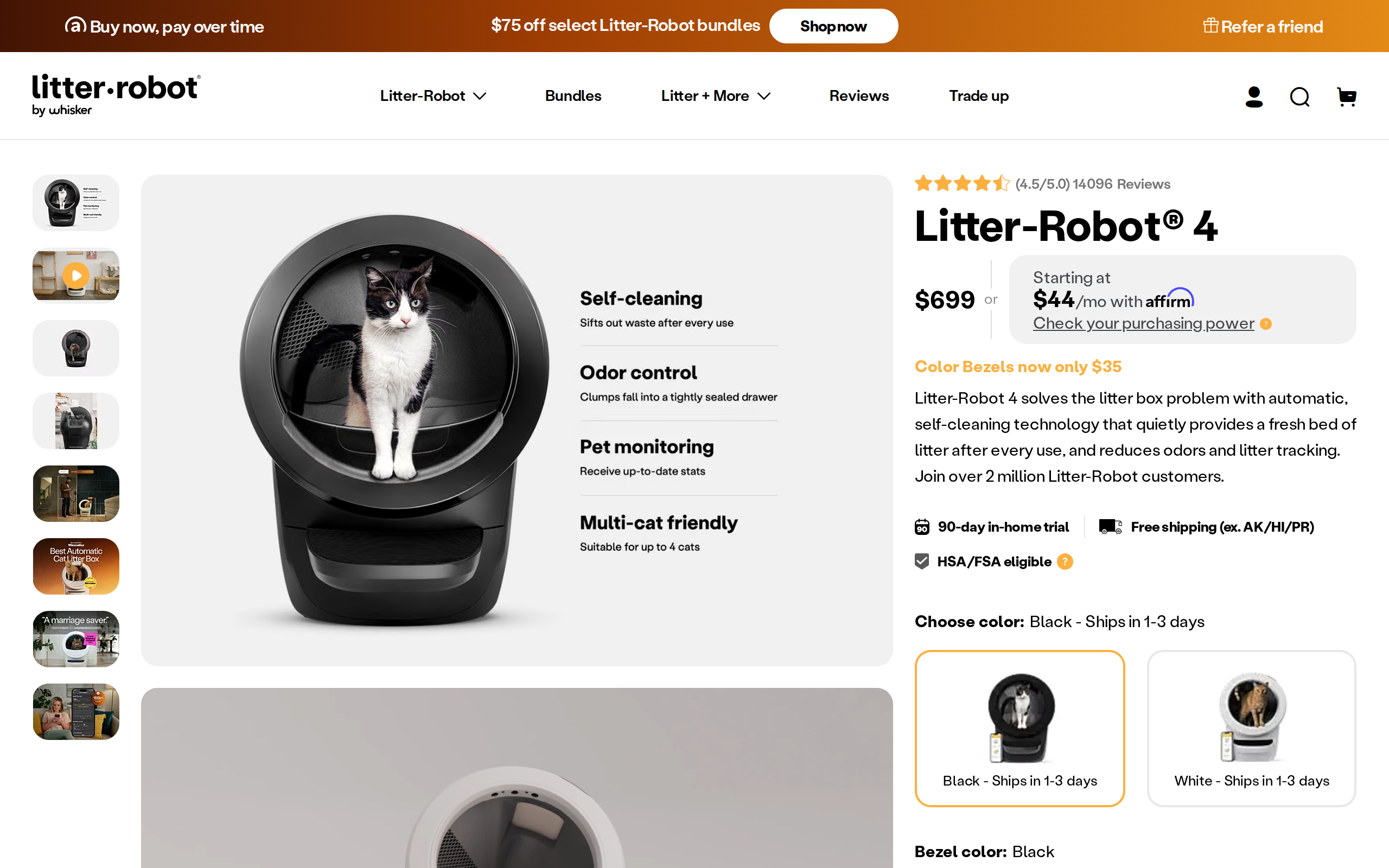 Litter-Robot 4 product page showing the black automatic litter box
