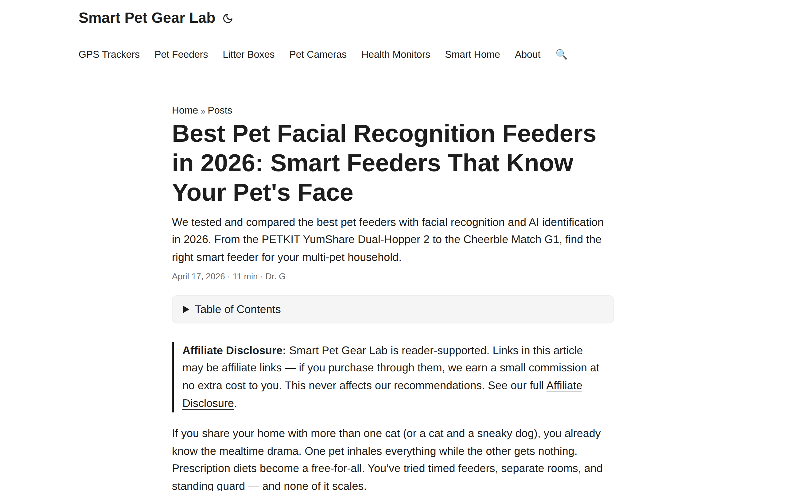 A roundup article on facial recognition pet feeders, headed Best Pet Facial Recognition Feeders in 2026