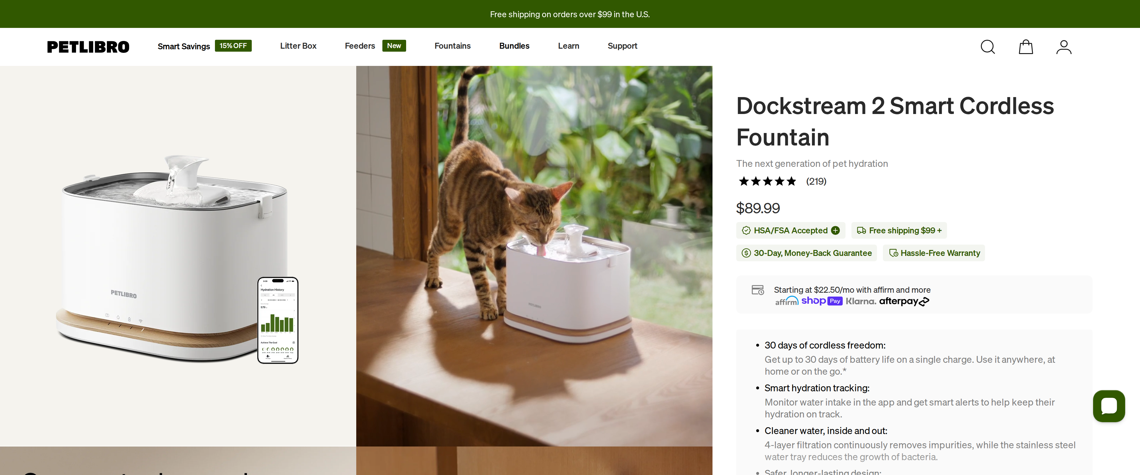 Petlibro Dockstream 2 Smart Fountain product page with prices of $89.99 and $99