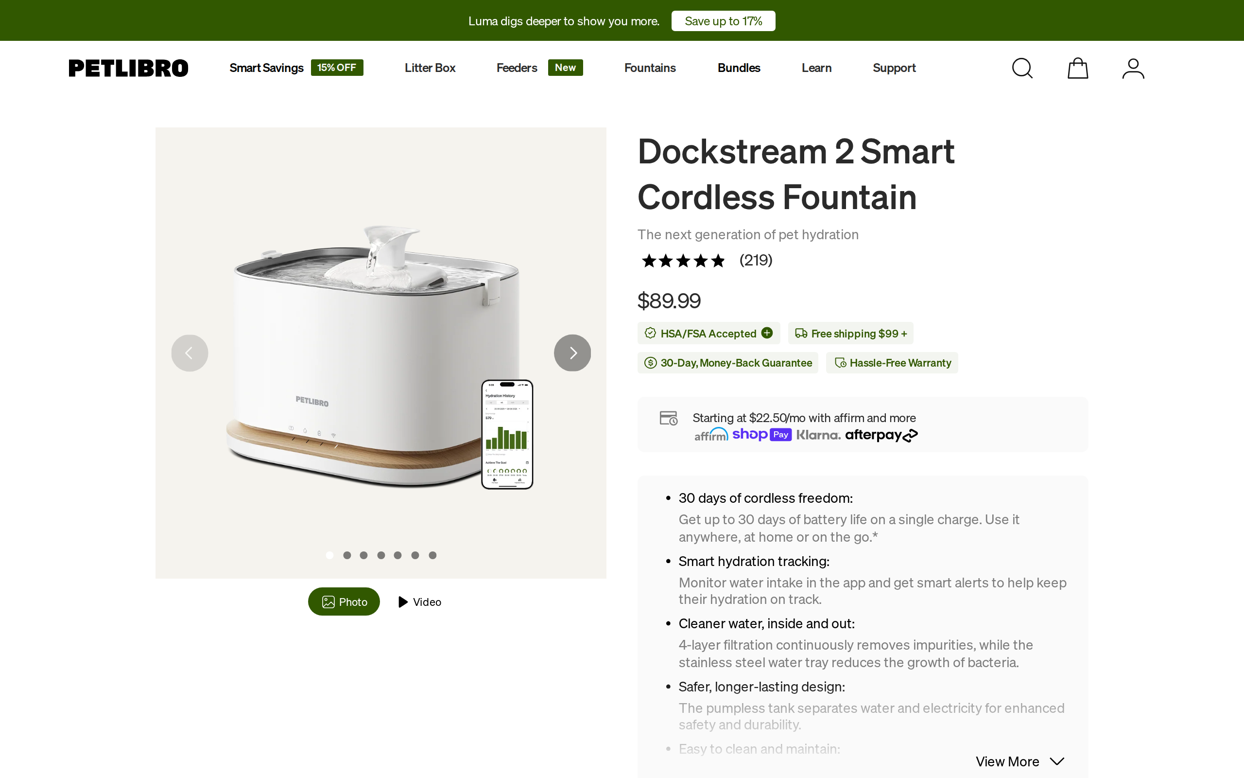 Petlibro Dockstream 2 product page showing a tabby cat drinking from a white fountain