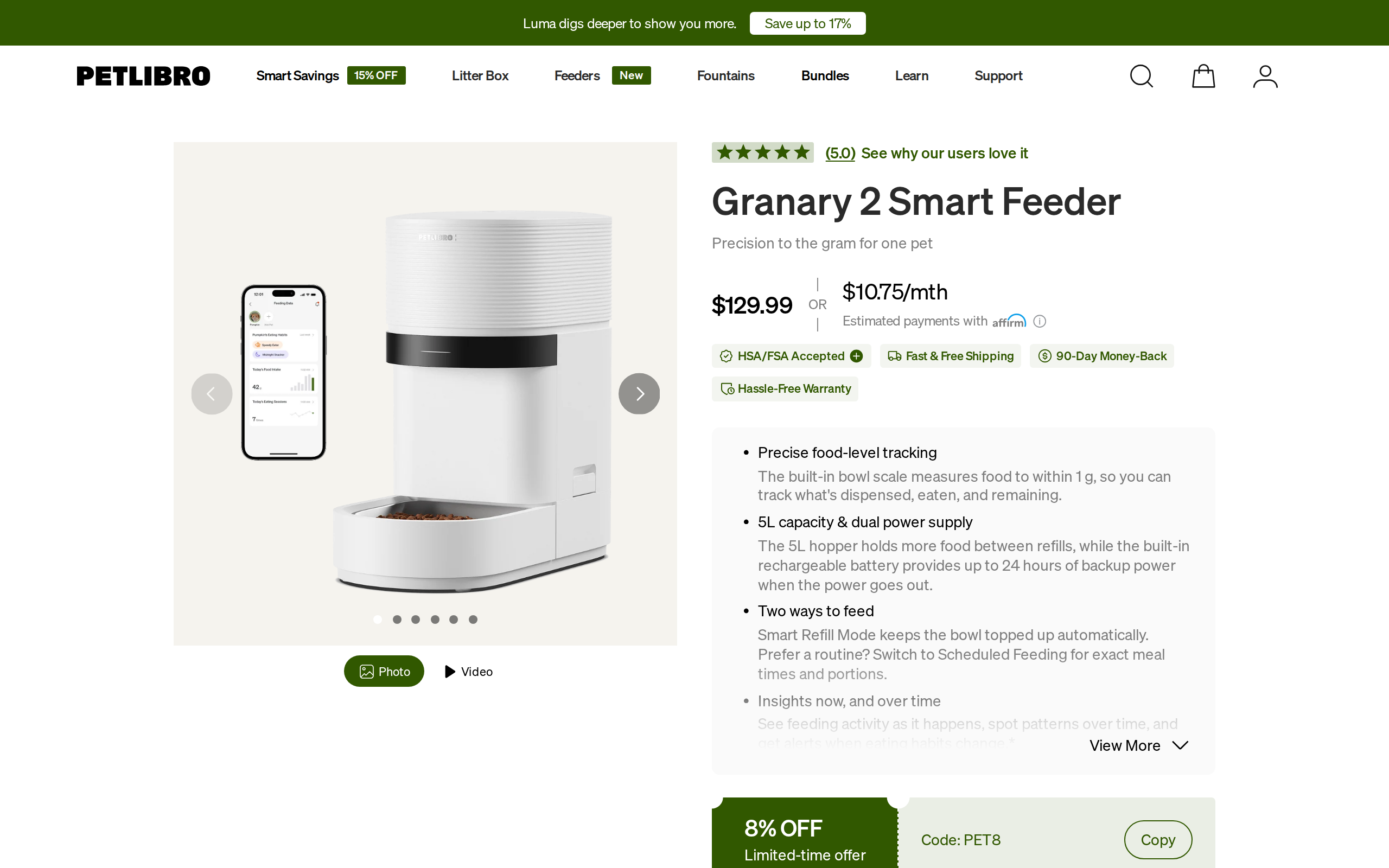 Petlibro Granary 2 smart feeder page with the $129.99 price