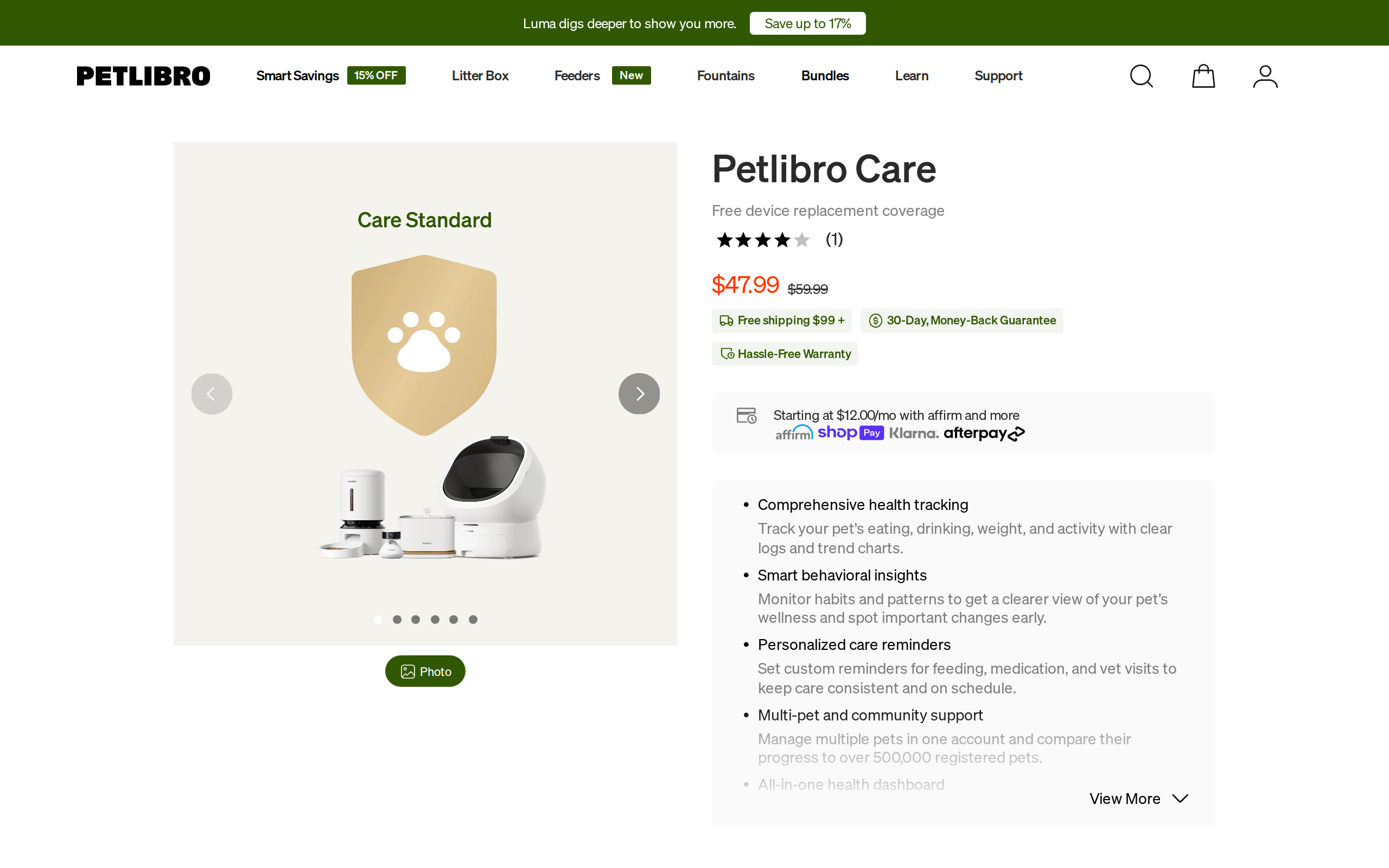 Petlibro Care page listing pet care plans and the $47.99 price