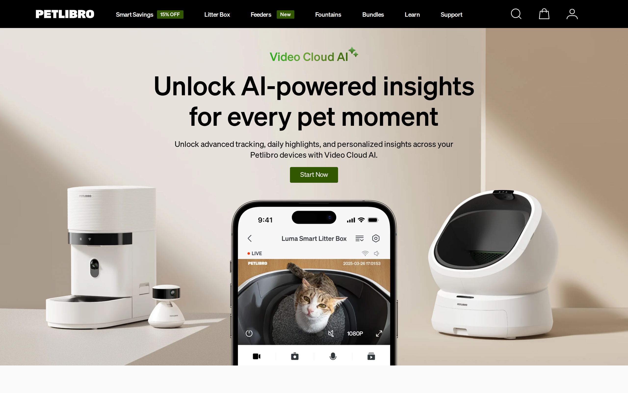 Petlibro Video Cloud AI page with an image of the smart litter box app view