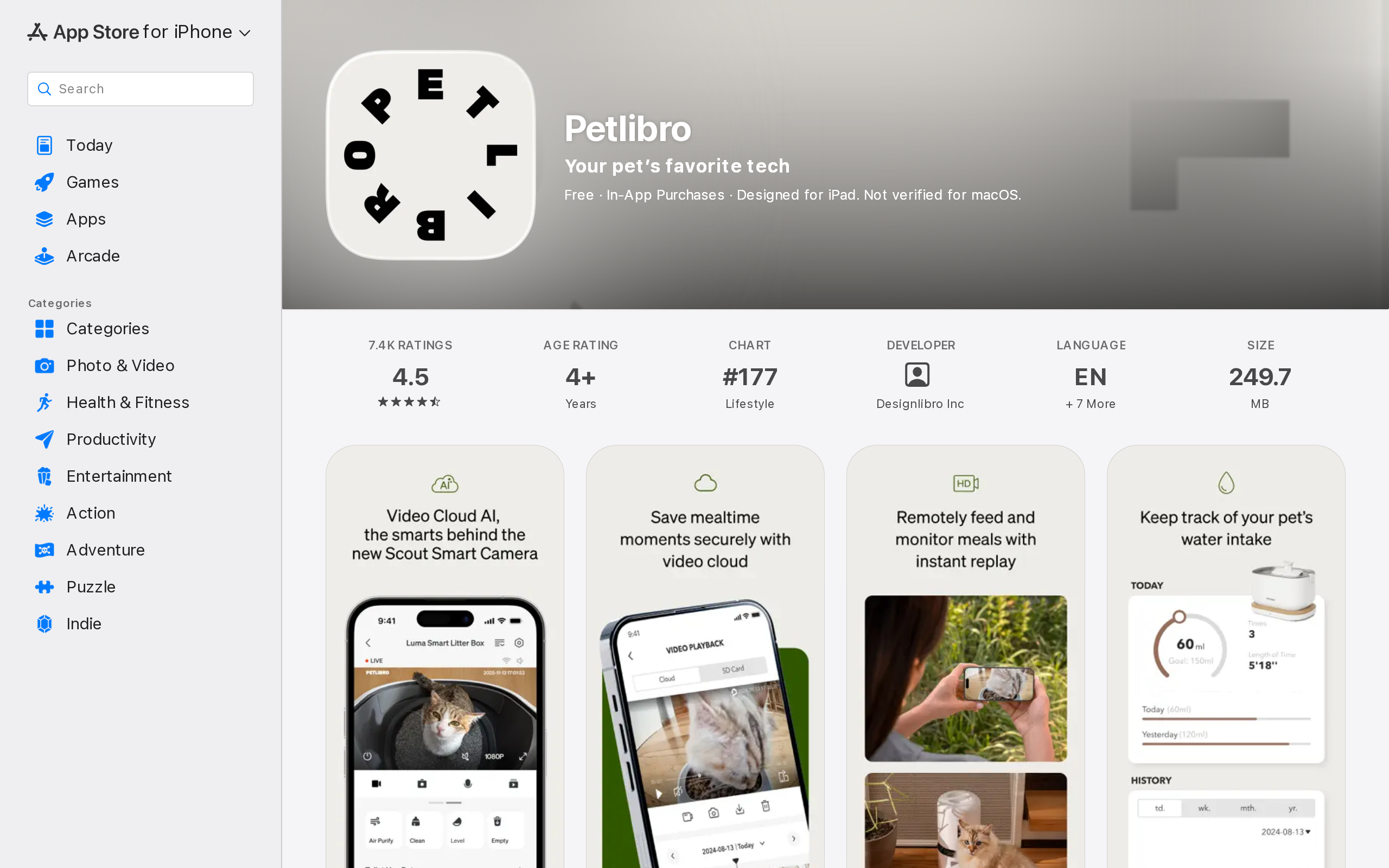 Petlibro app listing on the App Store, listed as free with in-app purchases