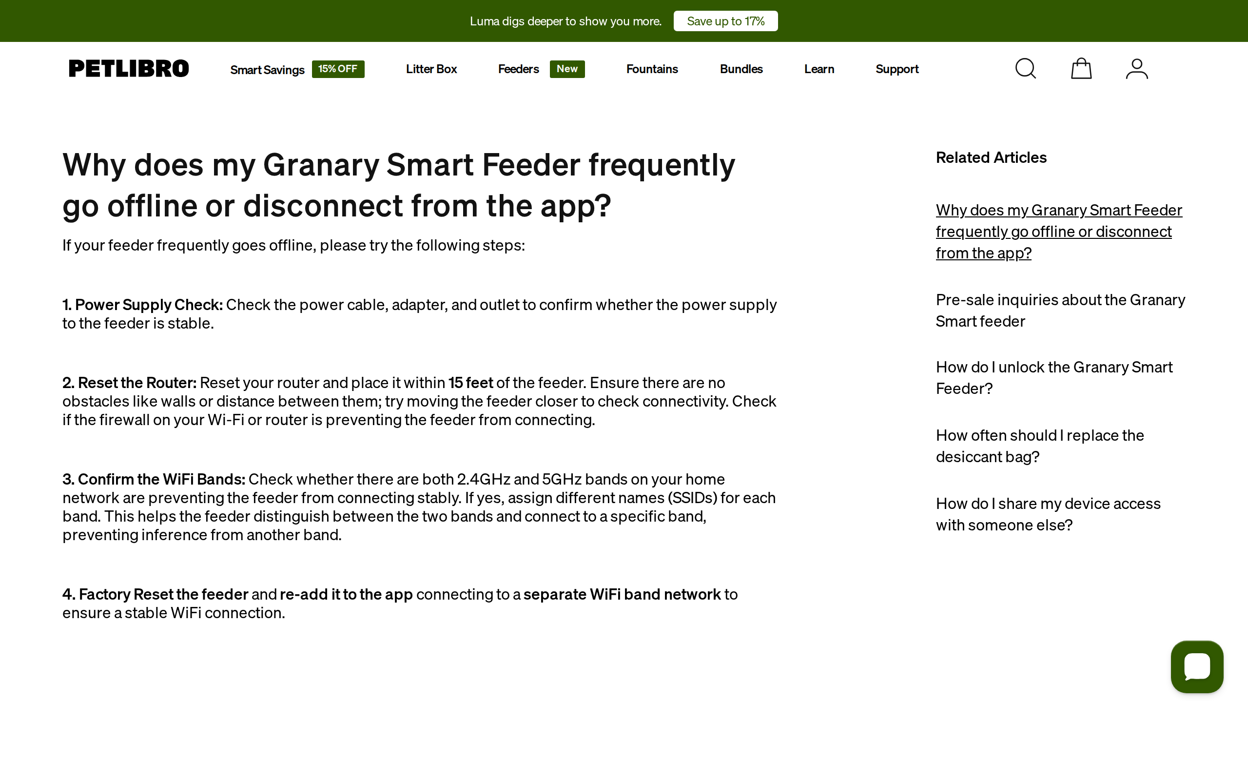 Petlibro's support article on why the Granary goes offline, with troubleshooting steps