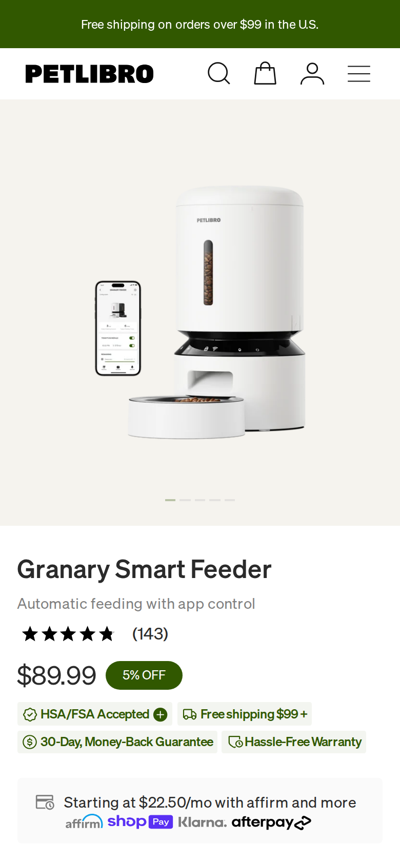 Petlibro's Granary page on a phone, showing the $89.99 price