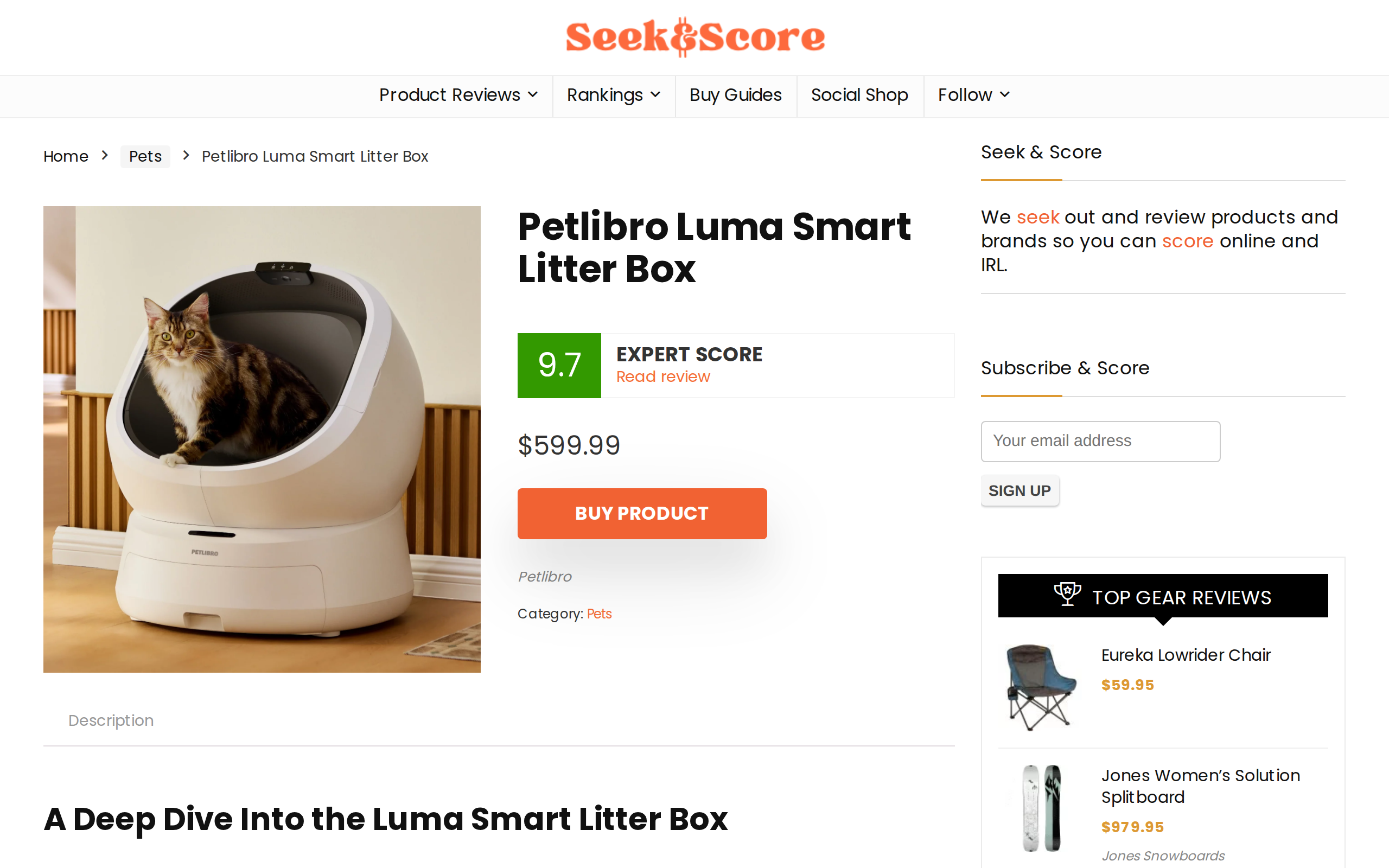 Seek & Score's page for the Petlibro Luma, headed A Deep Dive Into the Luma Smart Litter Box