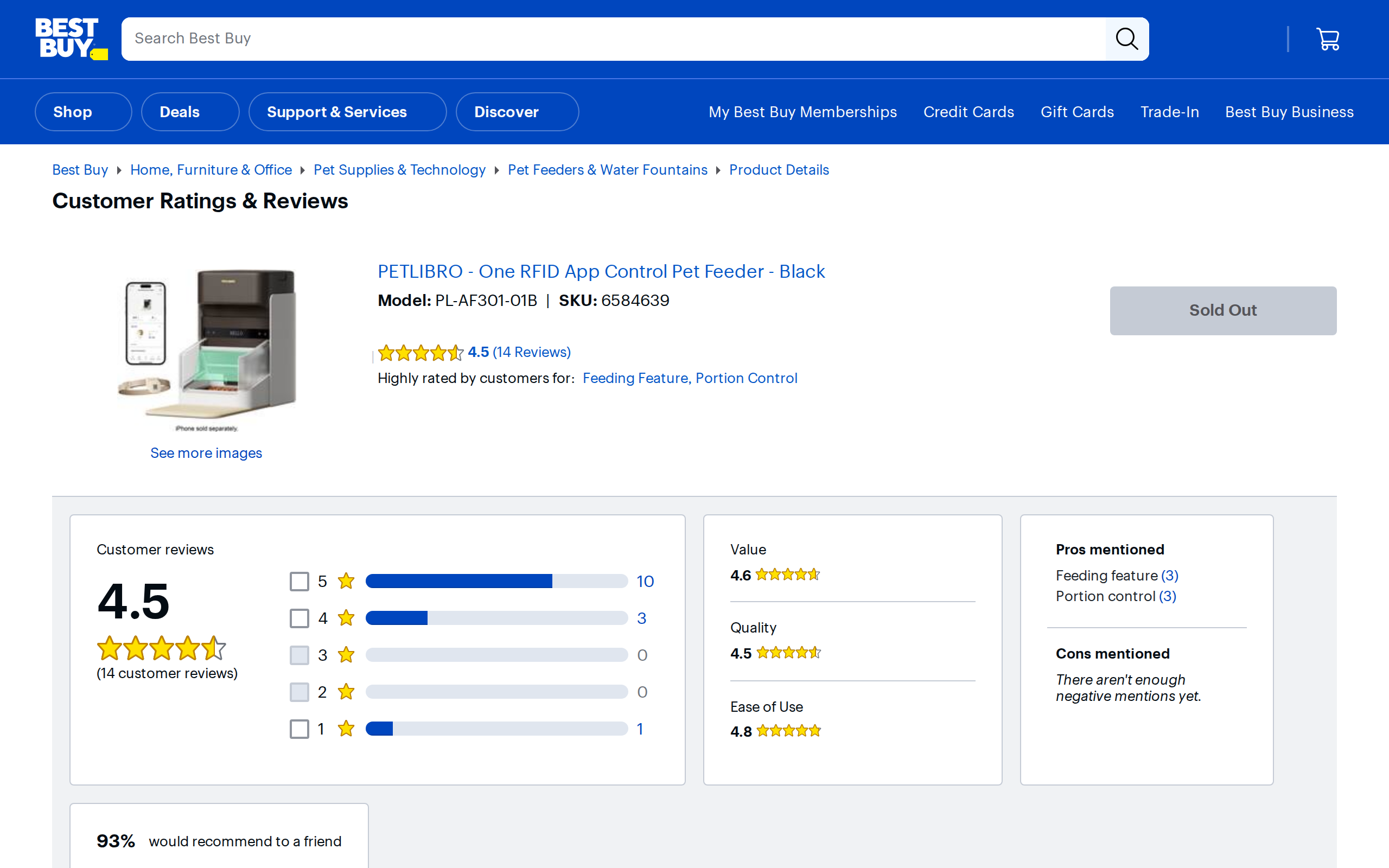 Best Buy customer reviews page for the PETLIBRO One RFID App Control Pet Feeder, rated 4.5 out of 5 stars from 14 reviews