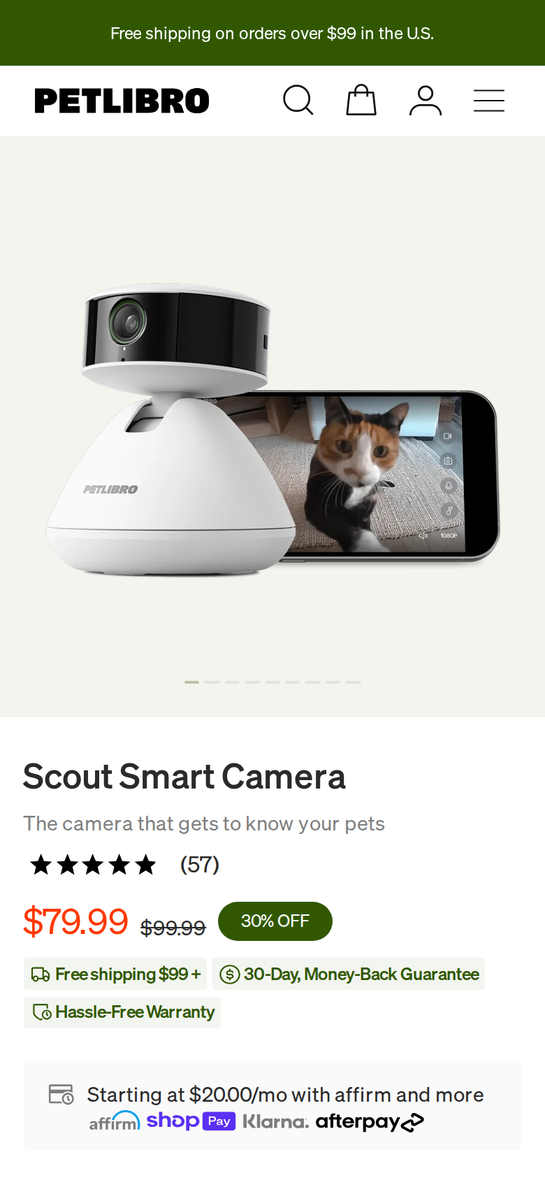 Petlibro Scout page on a phone showing the camera, with prices of $99, $79.99 and $99.99